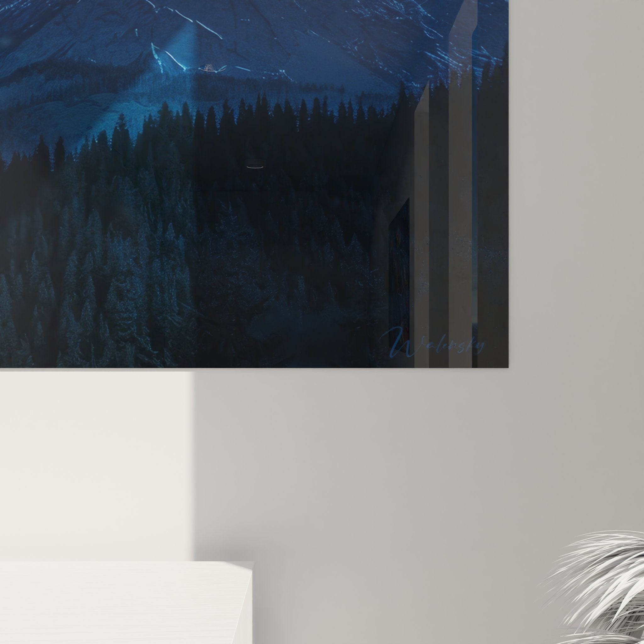 Vue ensemble tableau mural paysage alpin étoilé, décoration murale nature pour intérieur moderne