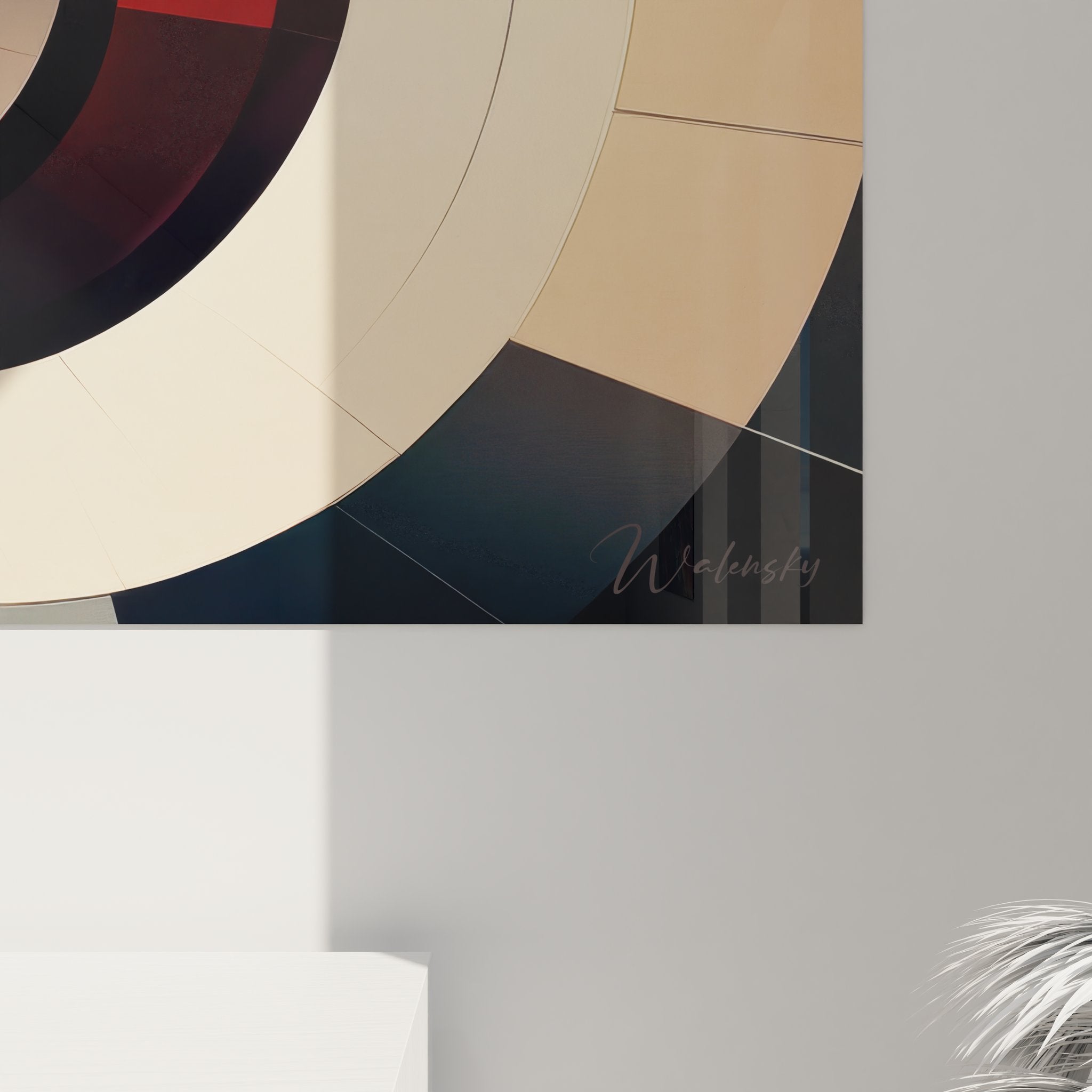 Vue ensemble tableau mural spirale géométrique rouge décoration murale moderne art contemporain design