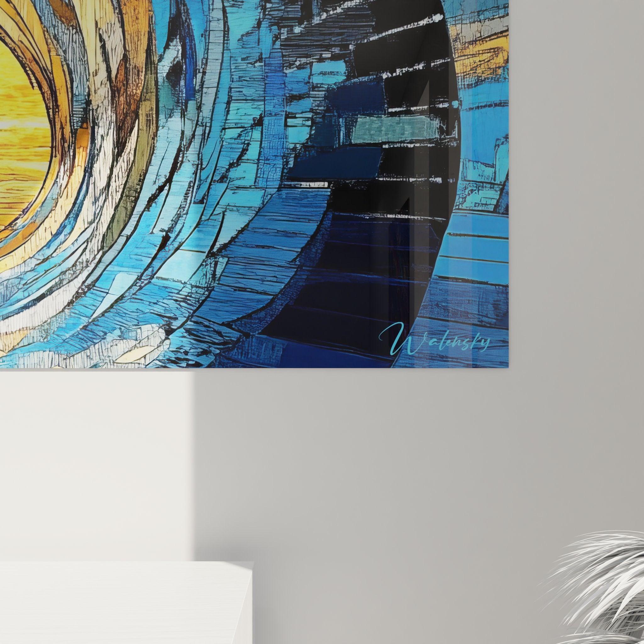 Vue ensemble tableau mural vague spirale océanique art décoratif moderne doré bleu