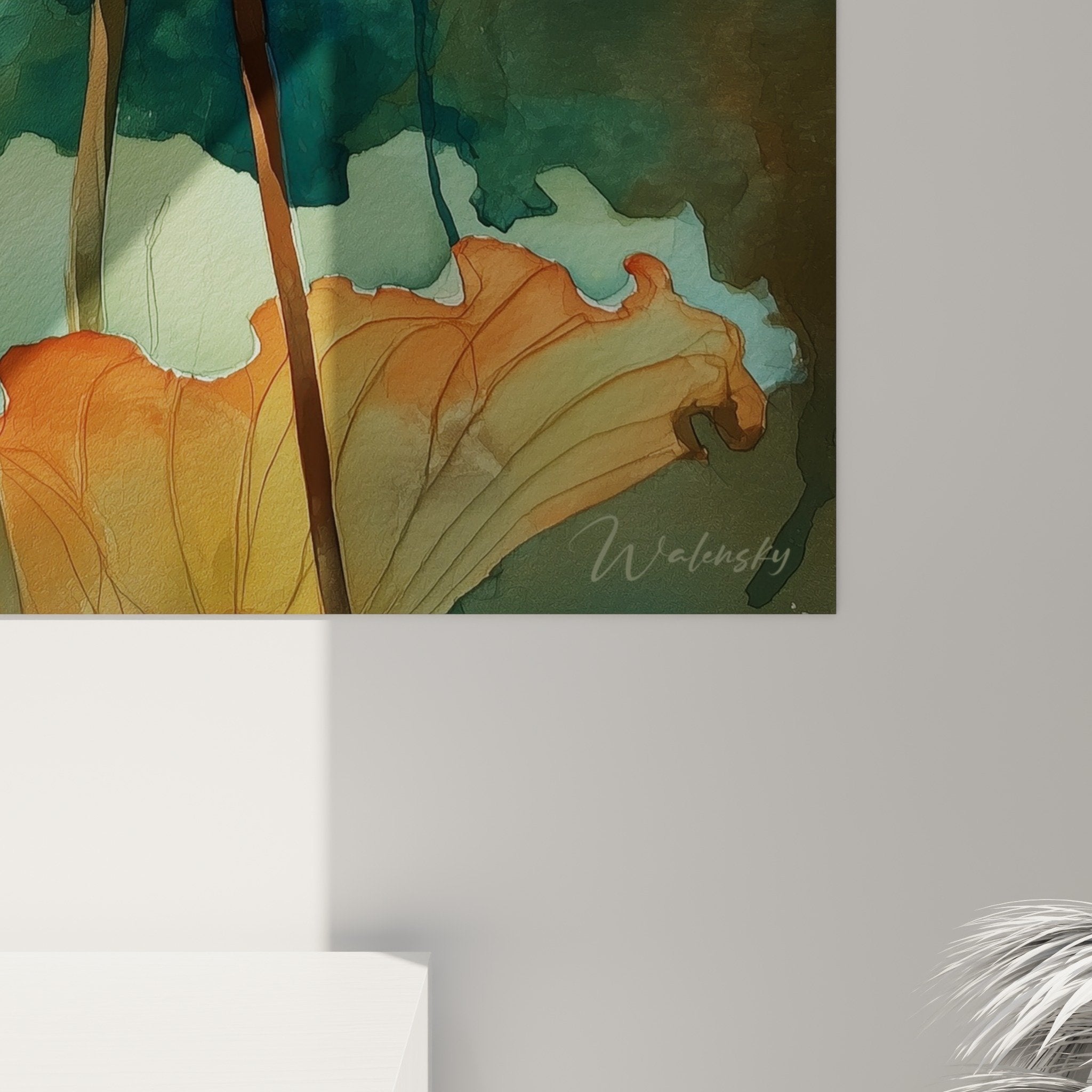 Vue ensemble tableau nénuphars turquoise orange, œuvre florale contemporaine style botanique