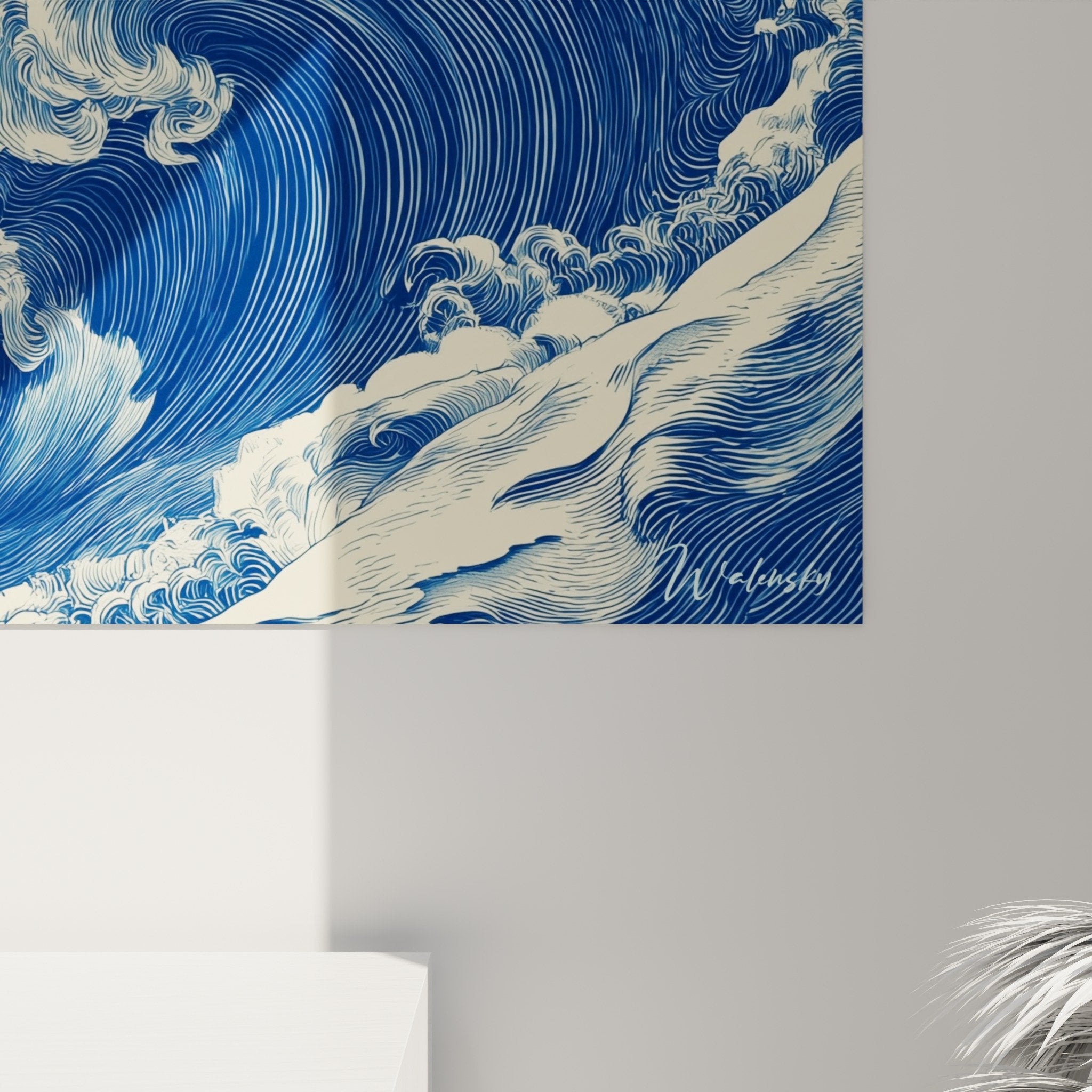 Overall view blue Japanese ocean painting living room modern decoration feng shui north water harmonious