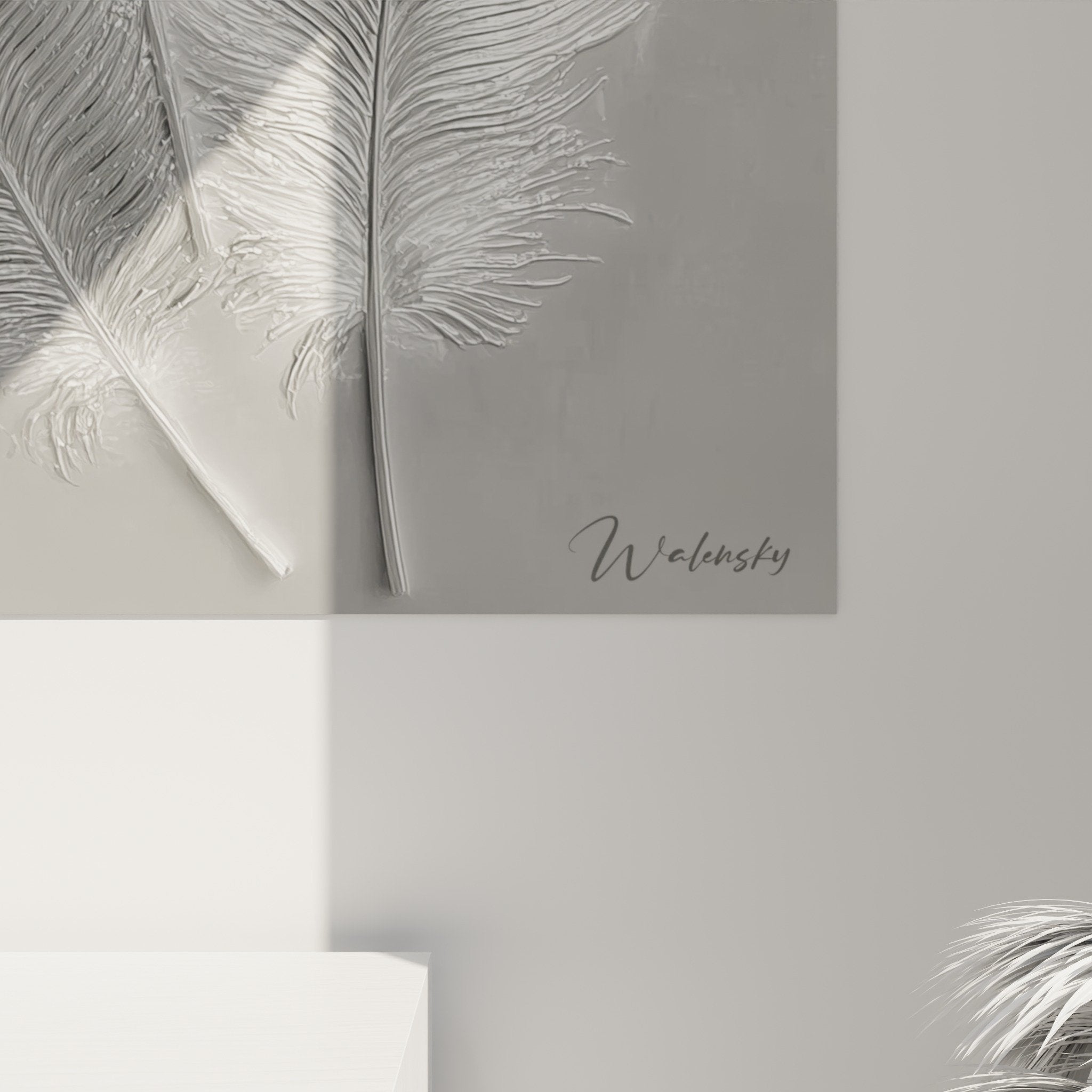 Overview of silver feathers wall art in modern interior, feng shui decorative art west metal