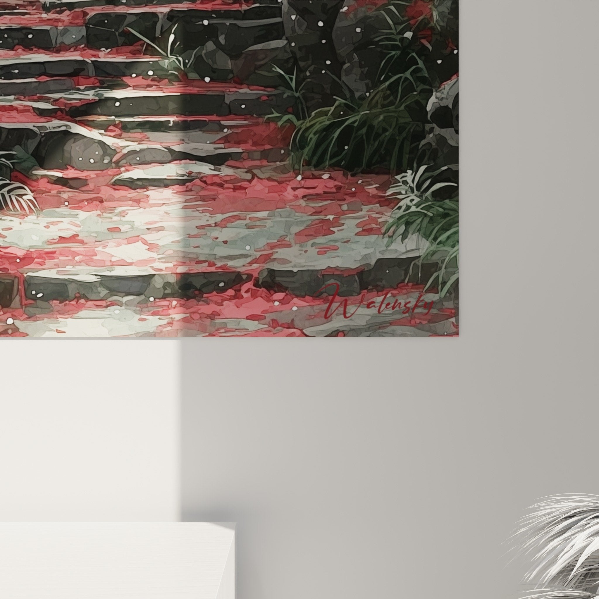 Overview of Japanese forest sanctuary artwork with red gate and mystical zen atmosphere
