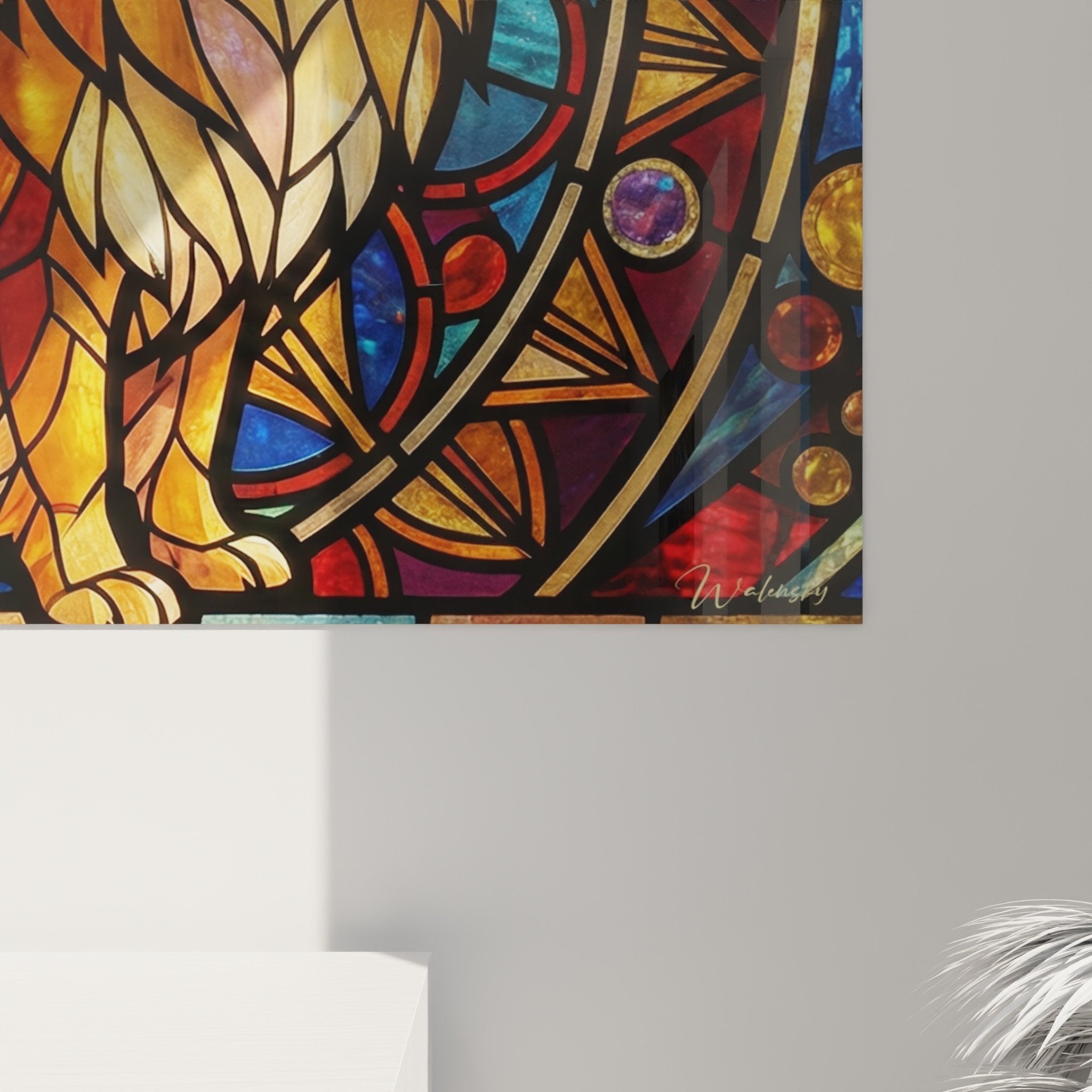 Vue ensemble tableau spitz pomeranien art nouveau vitrail coloris dores bleus rouges decoration