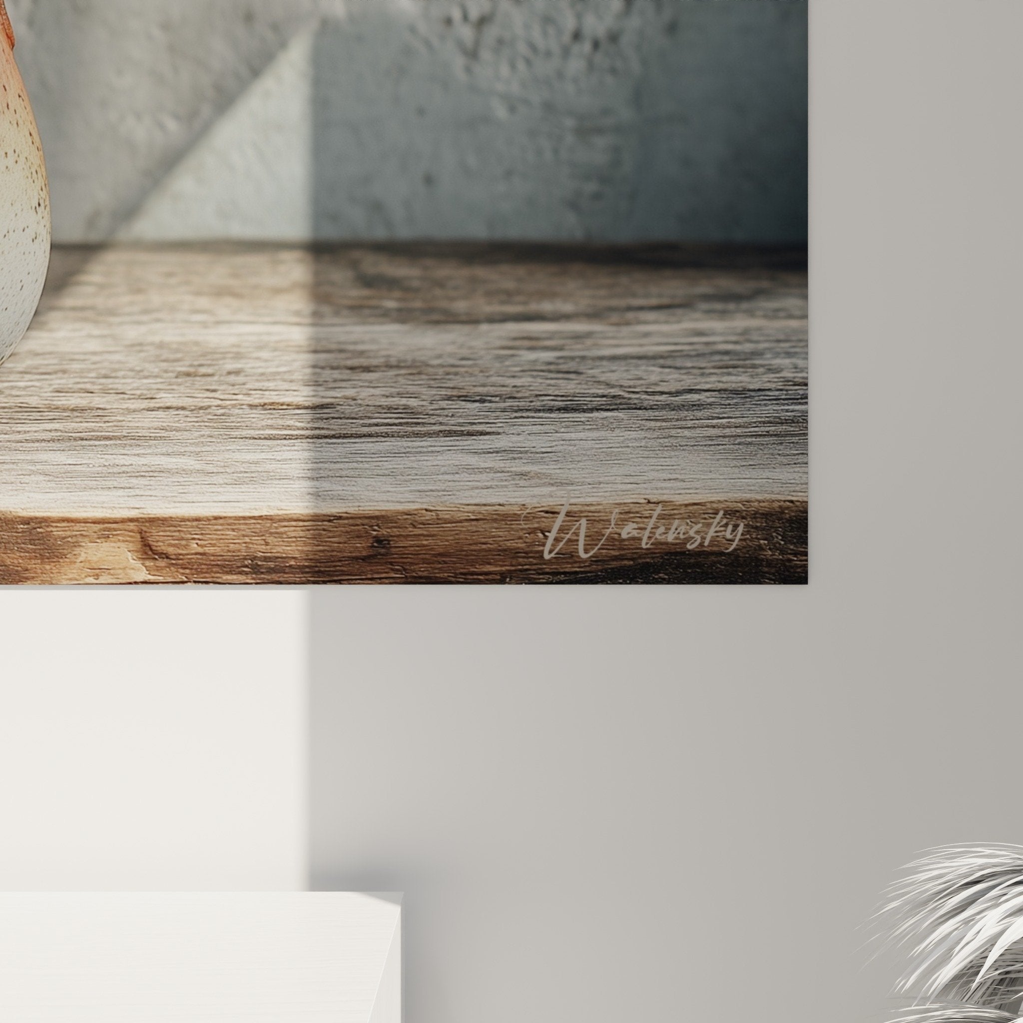 Full view Japanese teapot stoneware warm tones raw wood white tiles minimalist zen composition harmonious