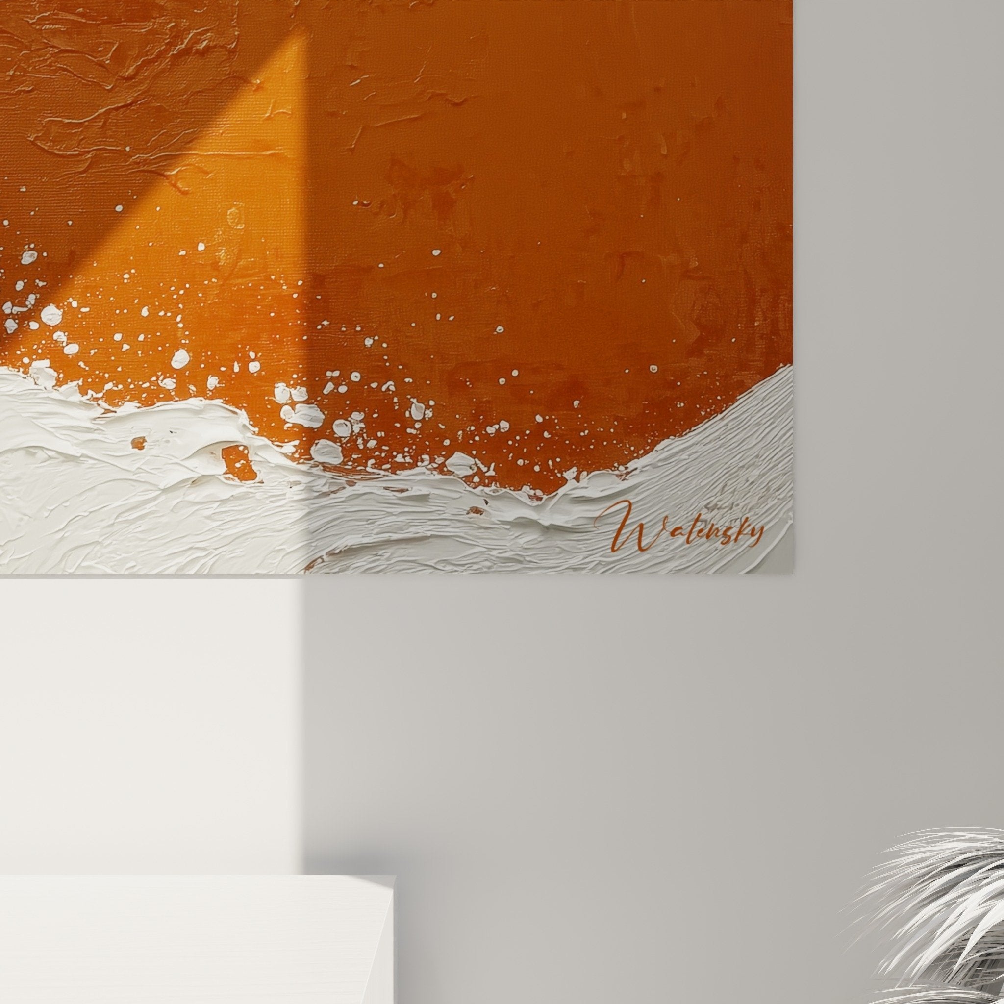Vue ensemble tableau vague orange blanc salon moderne decoration feng shui centre terre