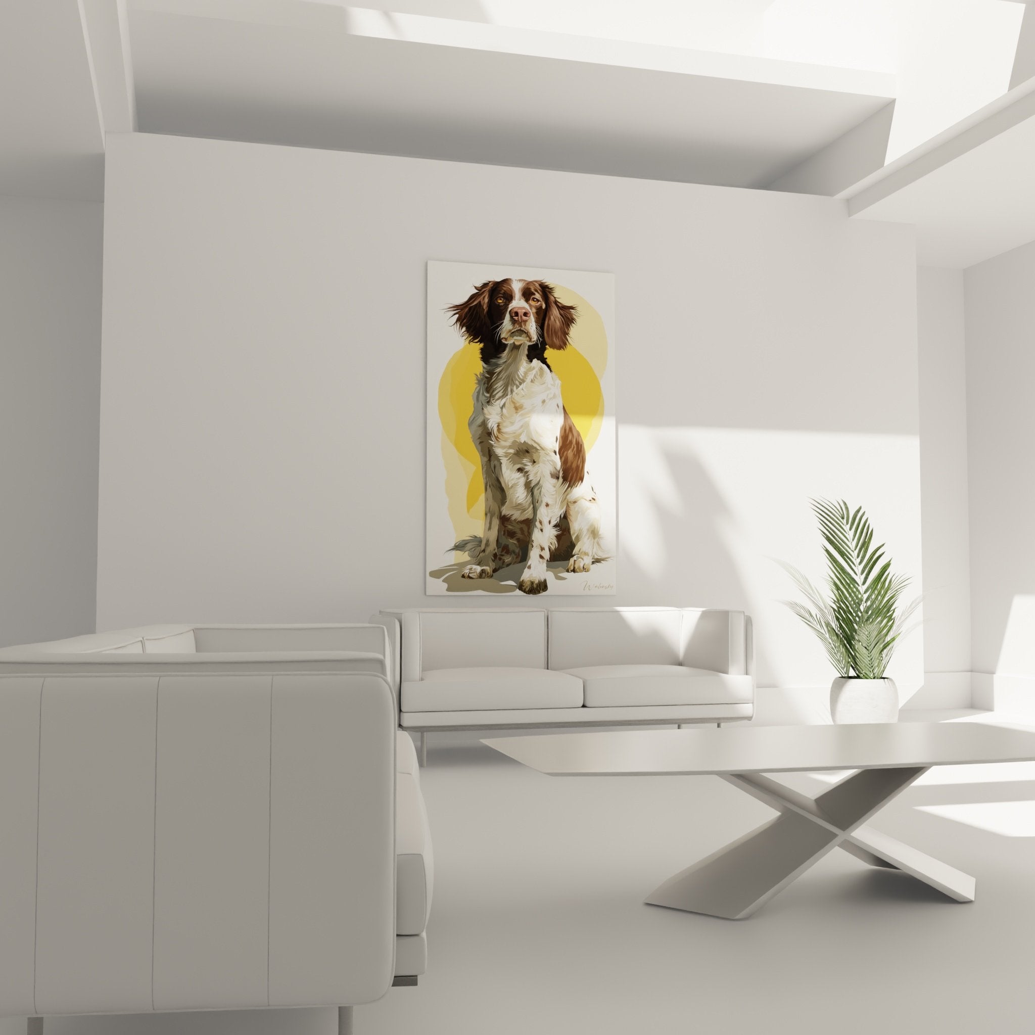 Dettaglio ritratto Spaniel Bretone occhi dorati mantello cioccolato bianco tecnica artistica realistica