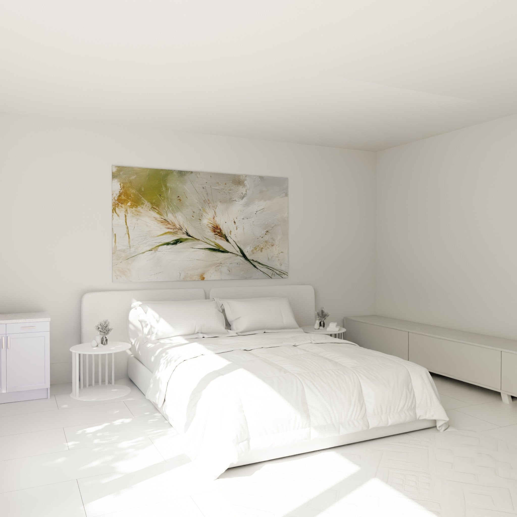 Épis blé dorés tableau chambre mur beige, décoration murale naturelle graminées ambiance apaisante rustique
