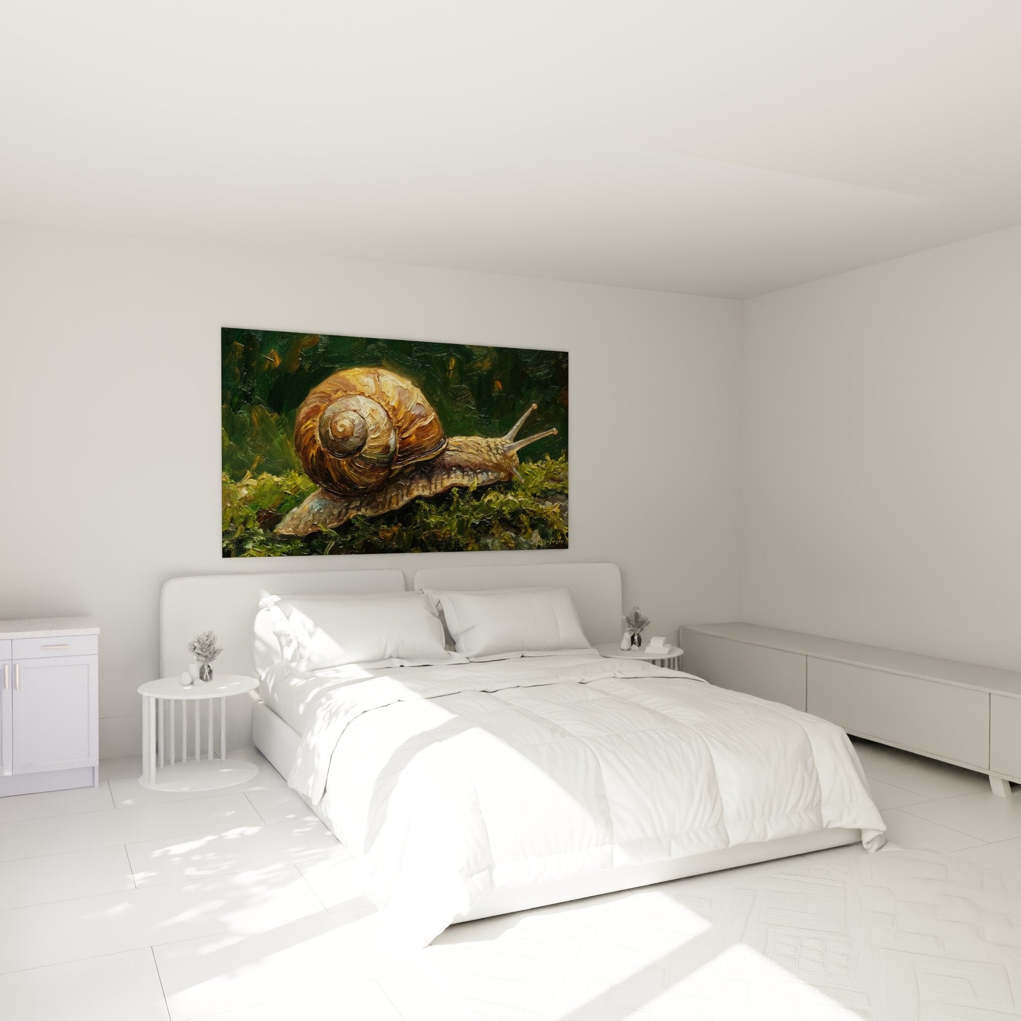 Schnecken-Kunstdruck goldfarben Schlafzimmer Wanddekoration Natur beruhigend Slow Living