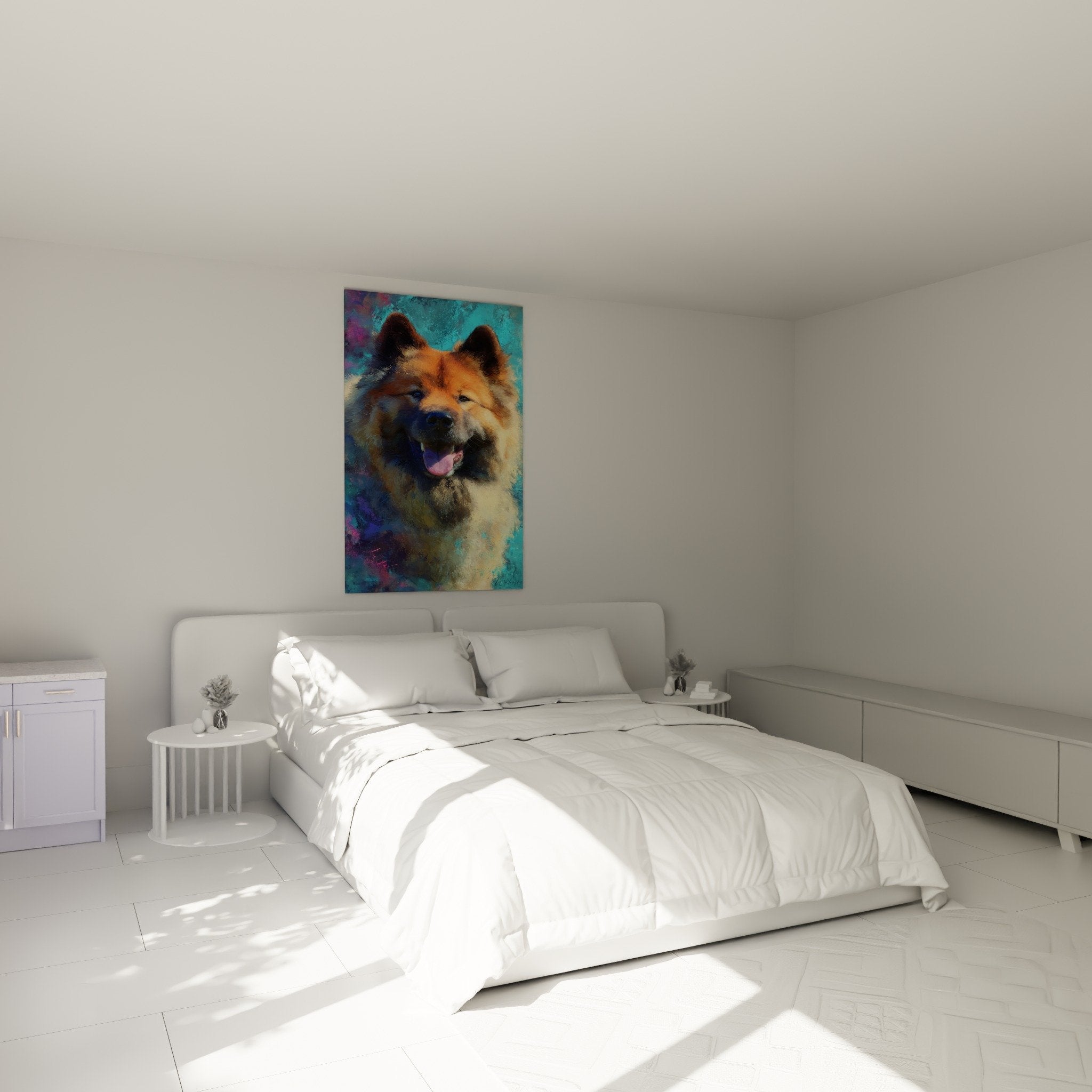 Eurasian Dog Portrait Wall Art Bedroom Decor Vibrant Colors Turquoise Orange
