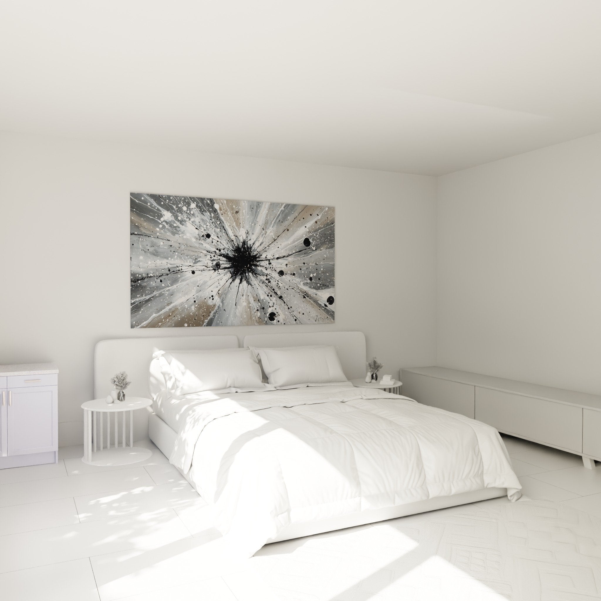 Abstract explosion black gray wall art in modern bedroom with metallic contemporary decor