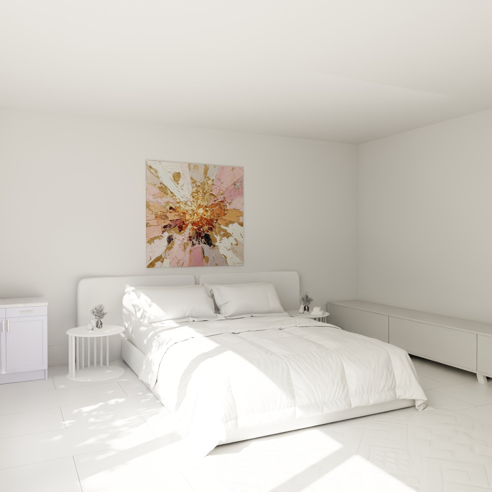 Golden and pink explosion artwork in bedroom with southwest earth feng shui decoration