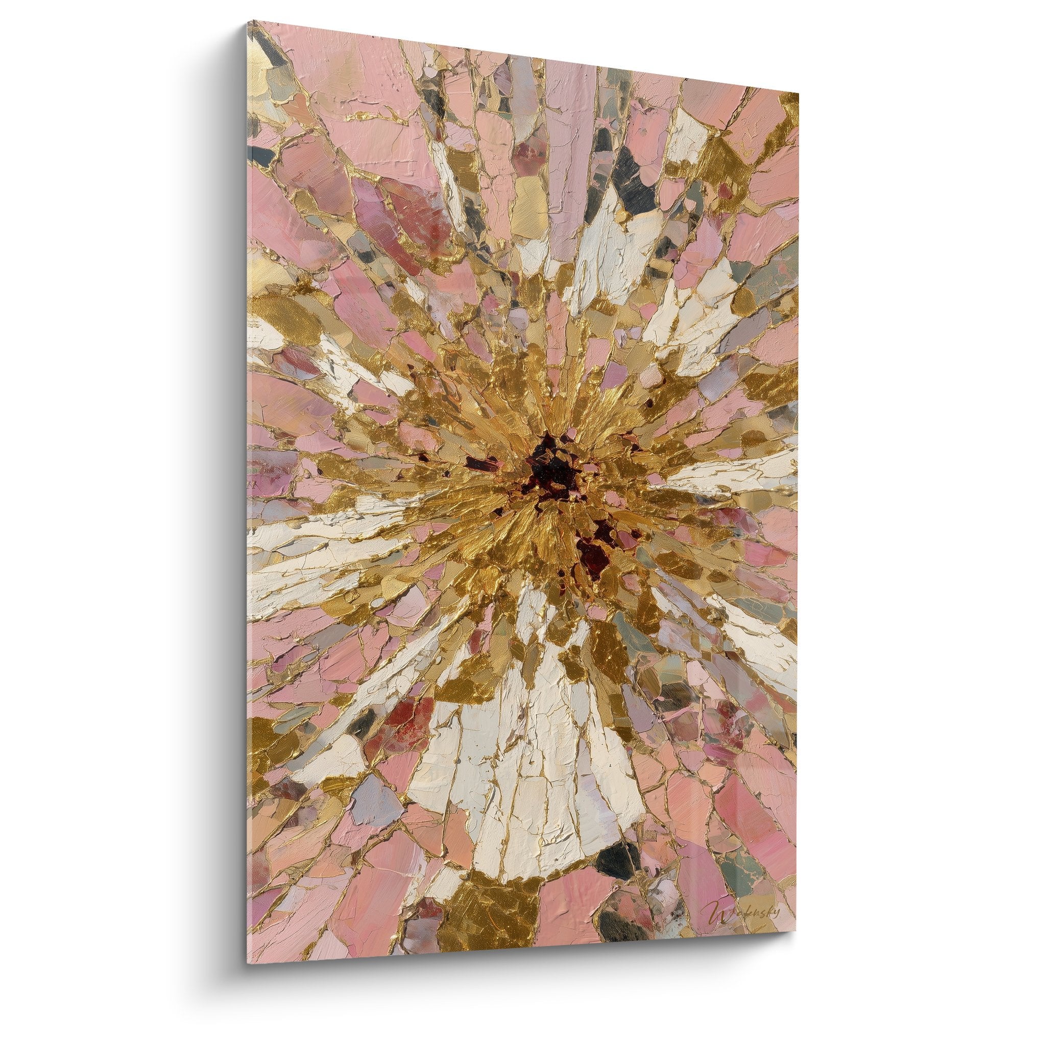Tableau explosion florale dorée et rose avec rayons lumineux sur fond craquelé - Art décoratif feng shui