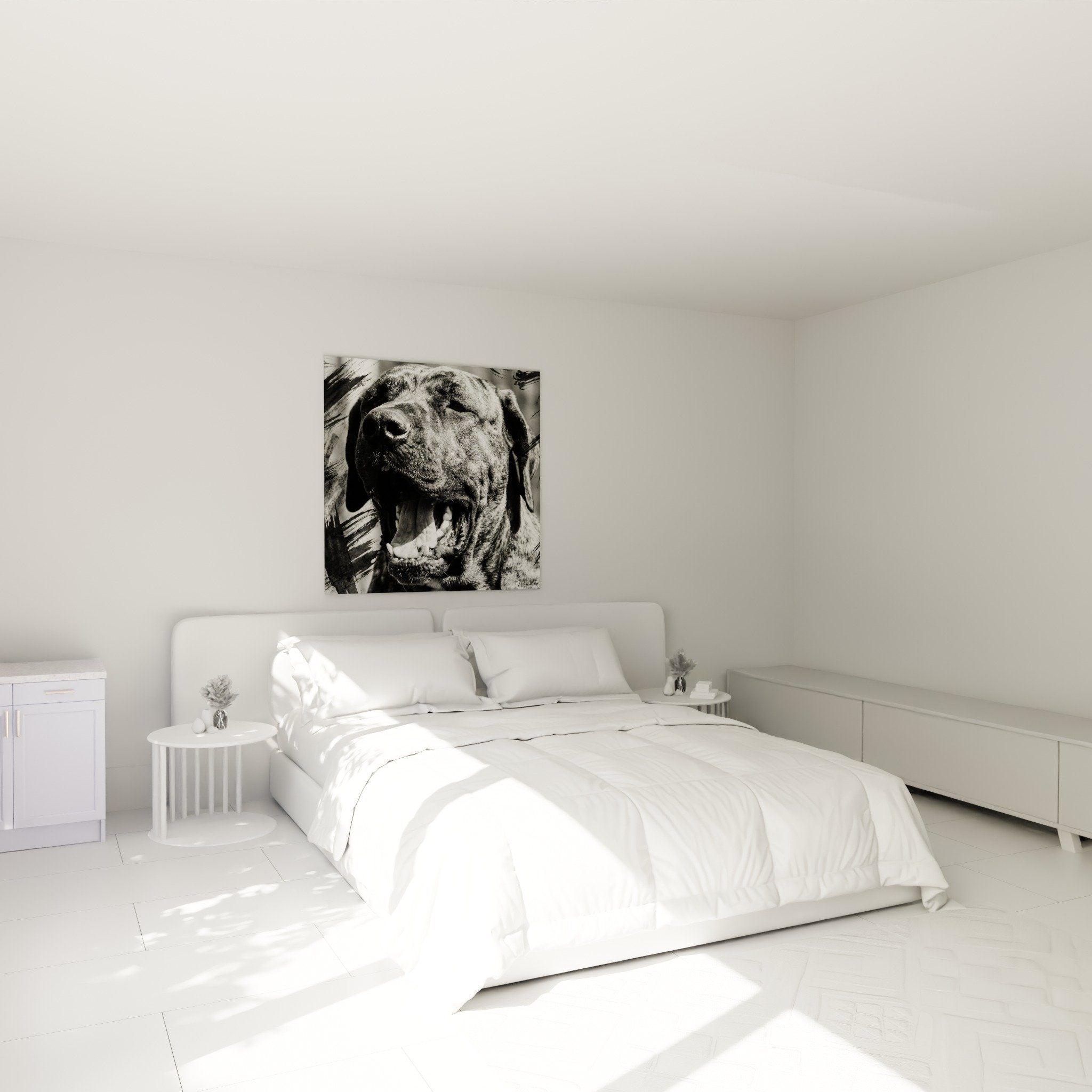 Tableau portrait Fila Brasileiro noir et blanc dans chambre moderne ambiance apaisante