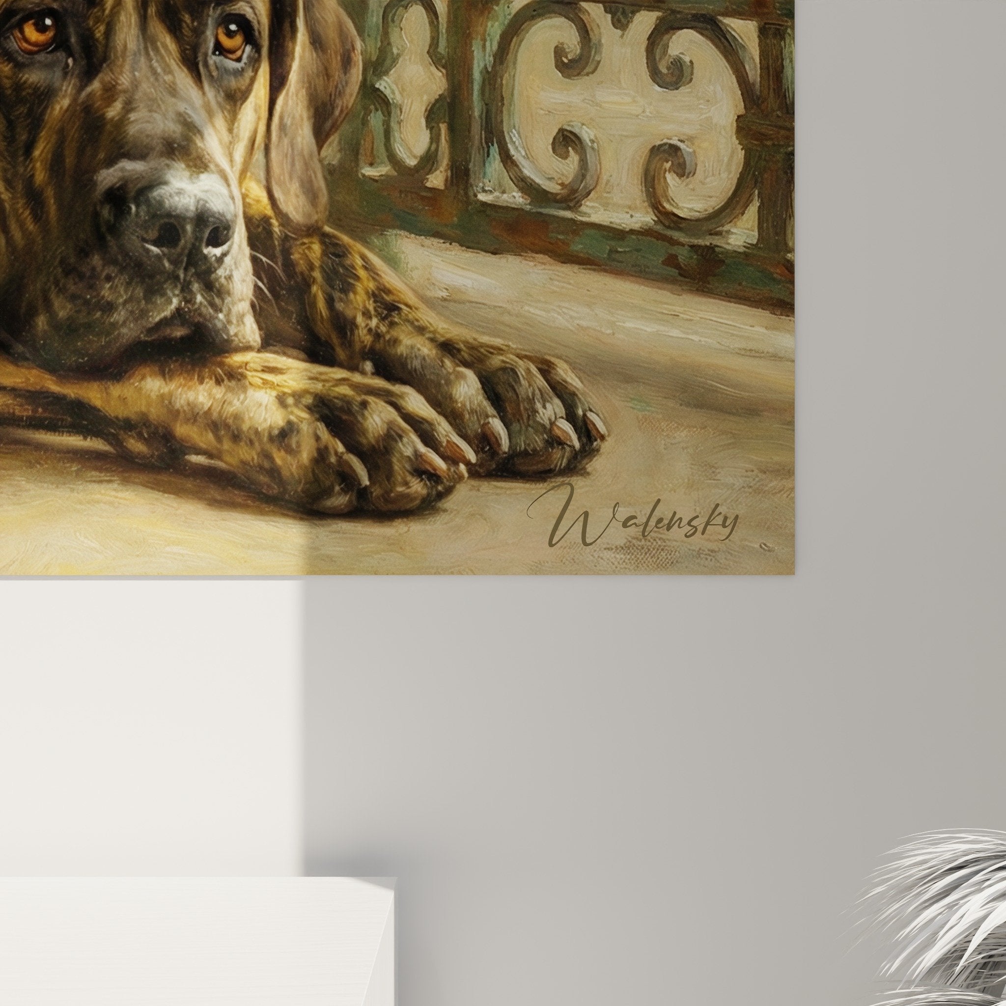 Vue ensemble tableau fila brasileiro salon decoration interieur chien allonge art mural canin