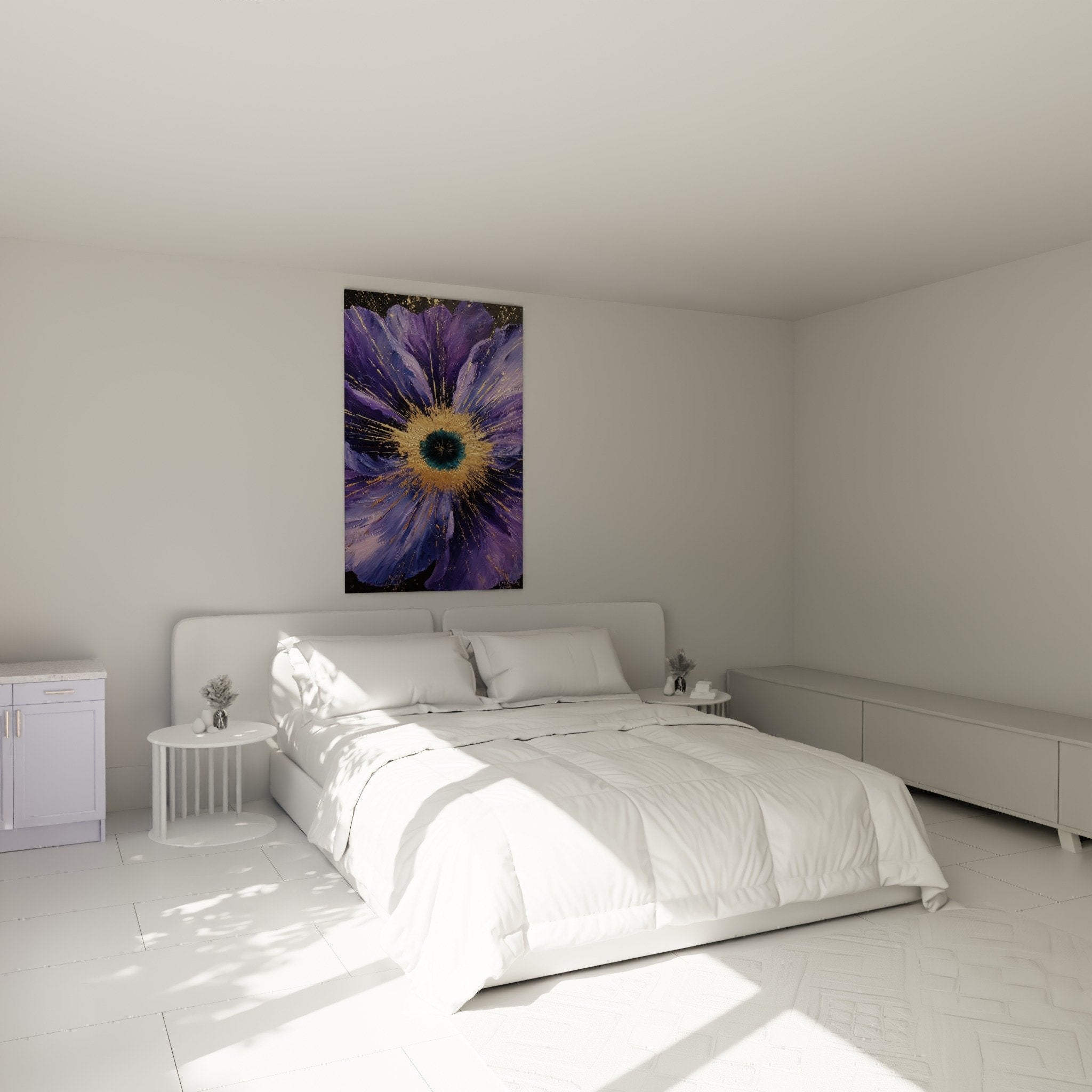 Vibrant golden purple flower in modern bedroom white wall wooden furniture feng shui southeast