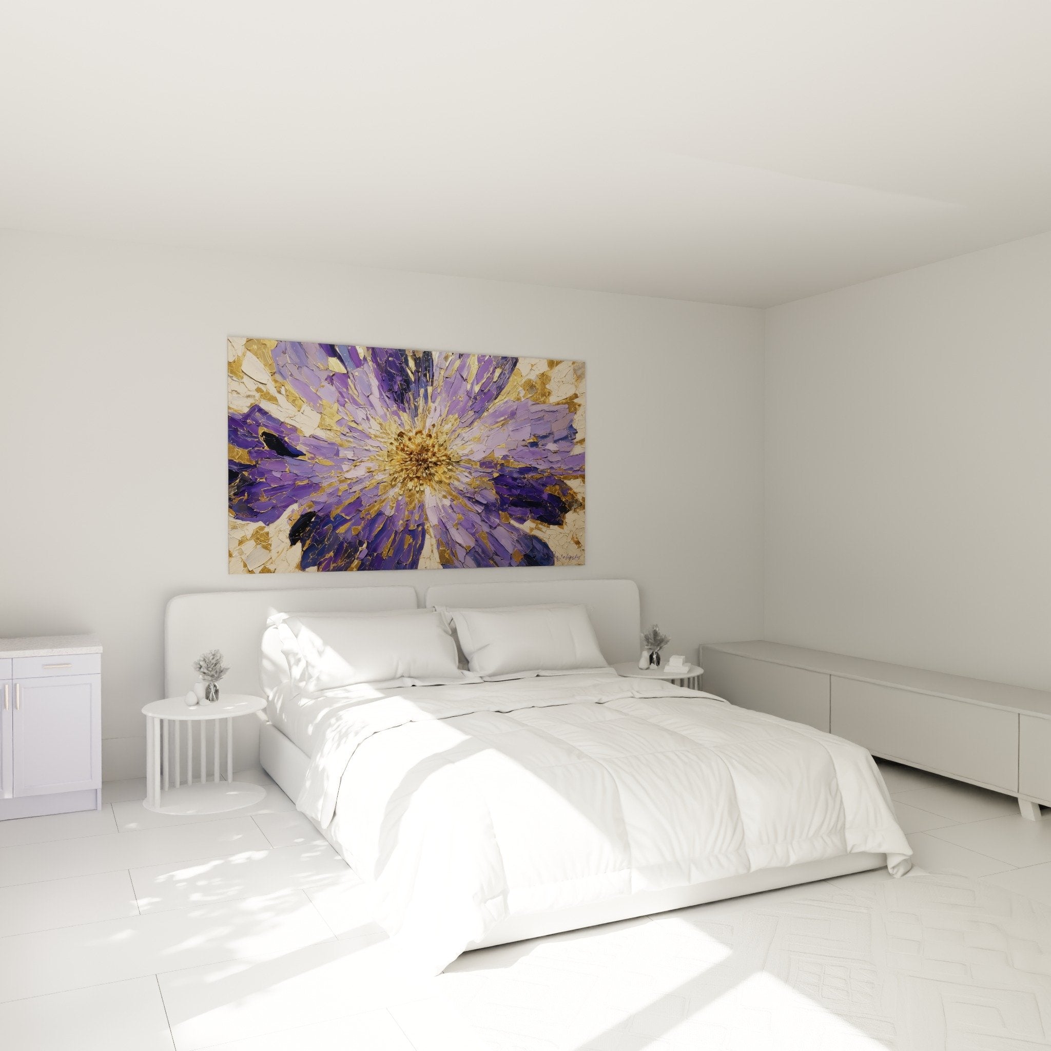 Tableau fleur violette doree dans chambre moderne mur blanc decoration feng shui sud est bois