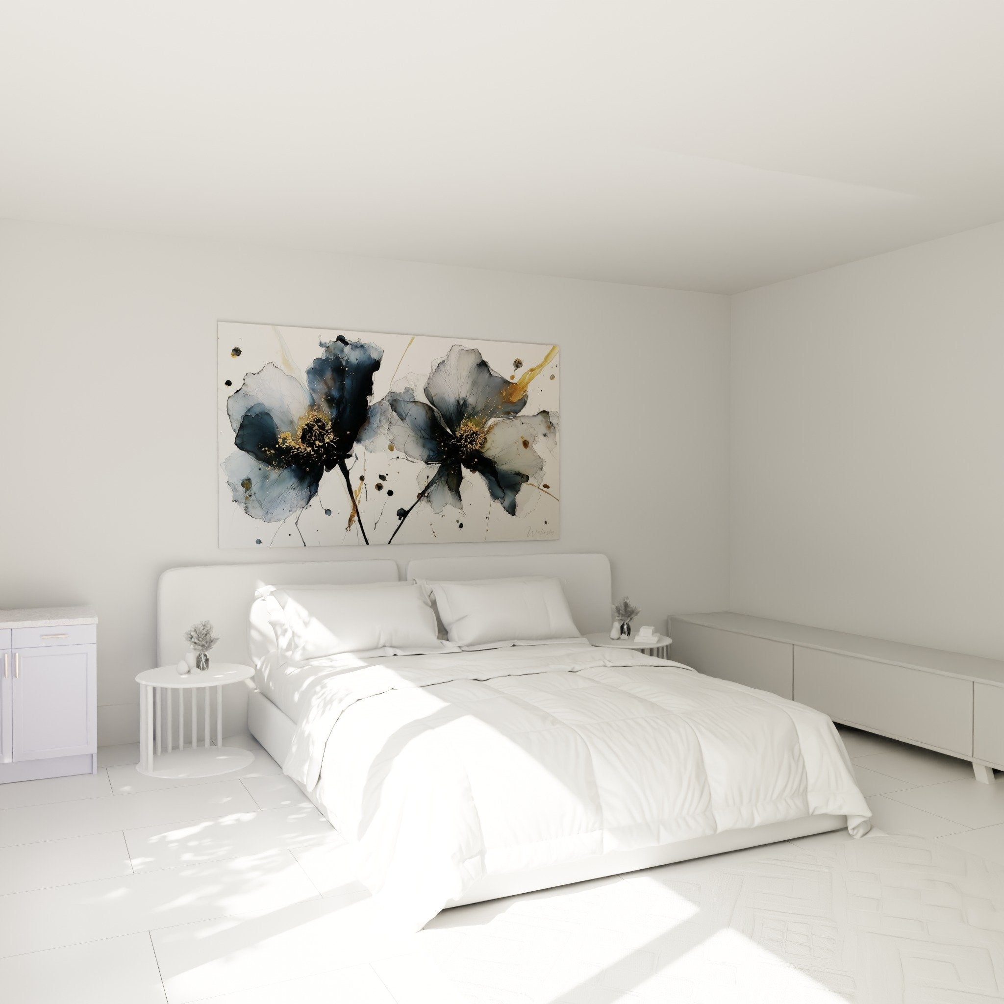 Aquarellblumenbild grau gold im zeitgenössischen Schlafzimmer weiße Wand elegante Wanddekoration abstrakter Marmor