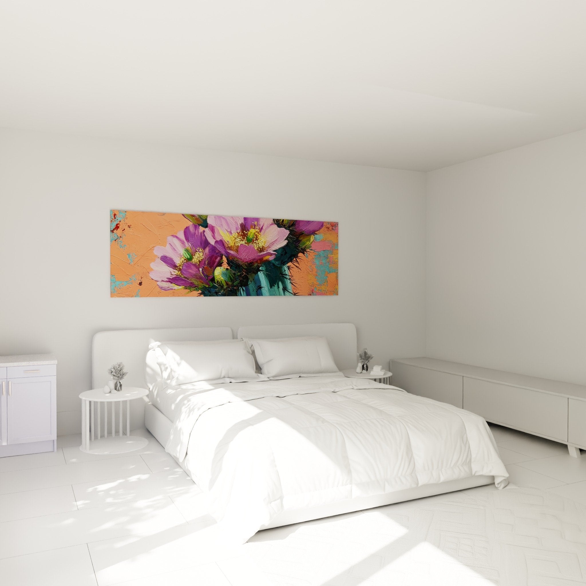 Gemälde violette Blumen im Schlafzimmer moderne Wanddekoration korallenroter Hintergrund warme Atmosphäre