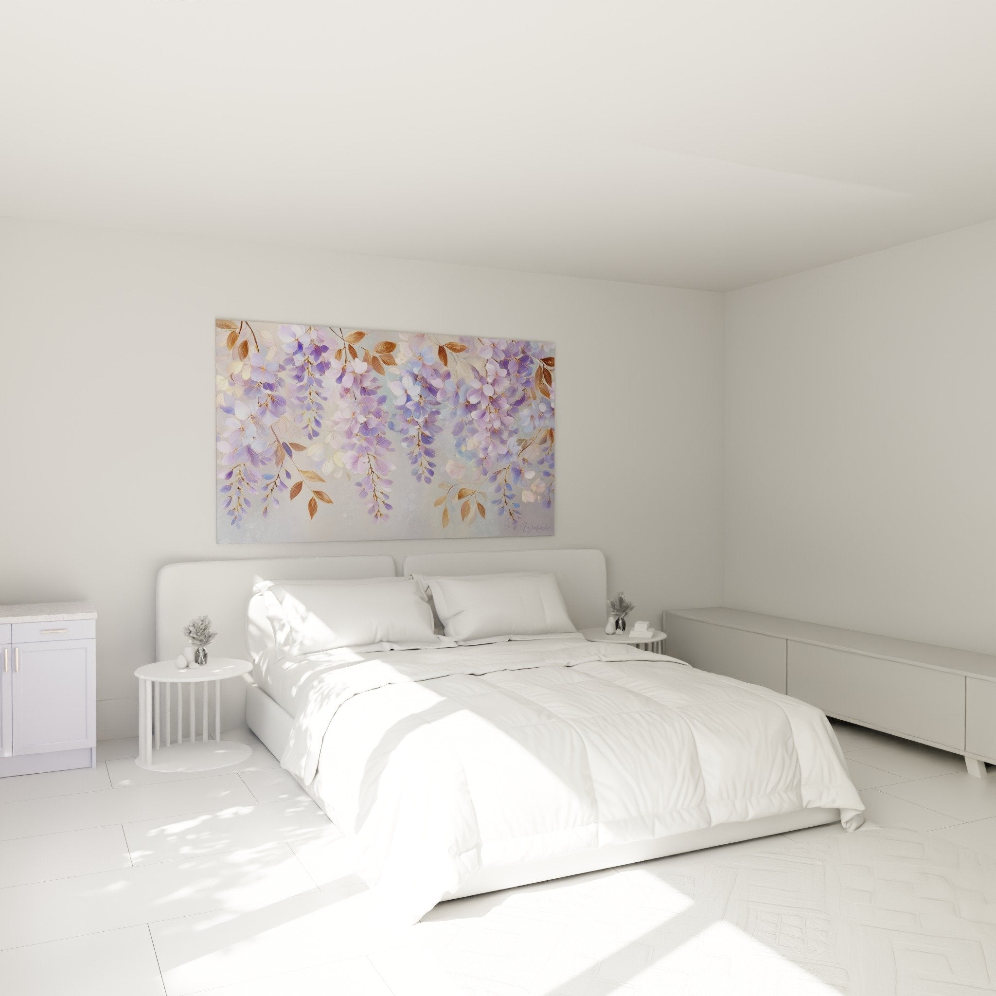 Purple flower painting in bedroom with romantic feng shui southeast wood ambiance