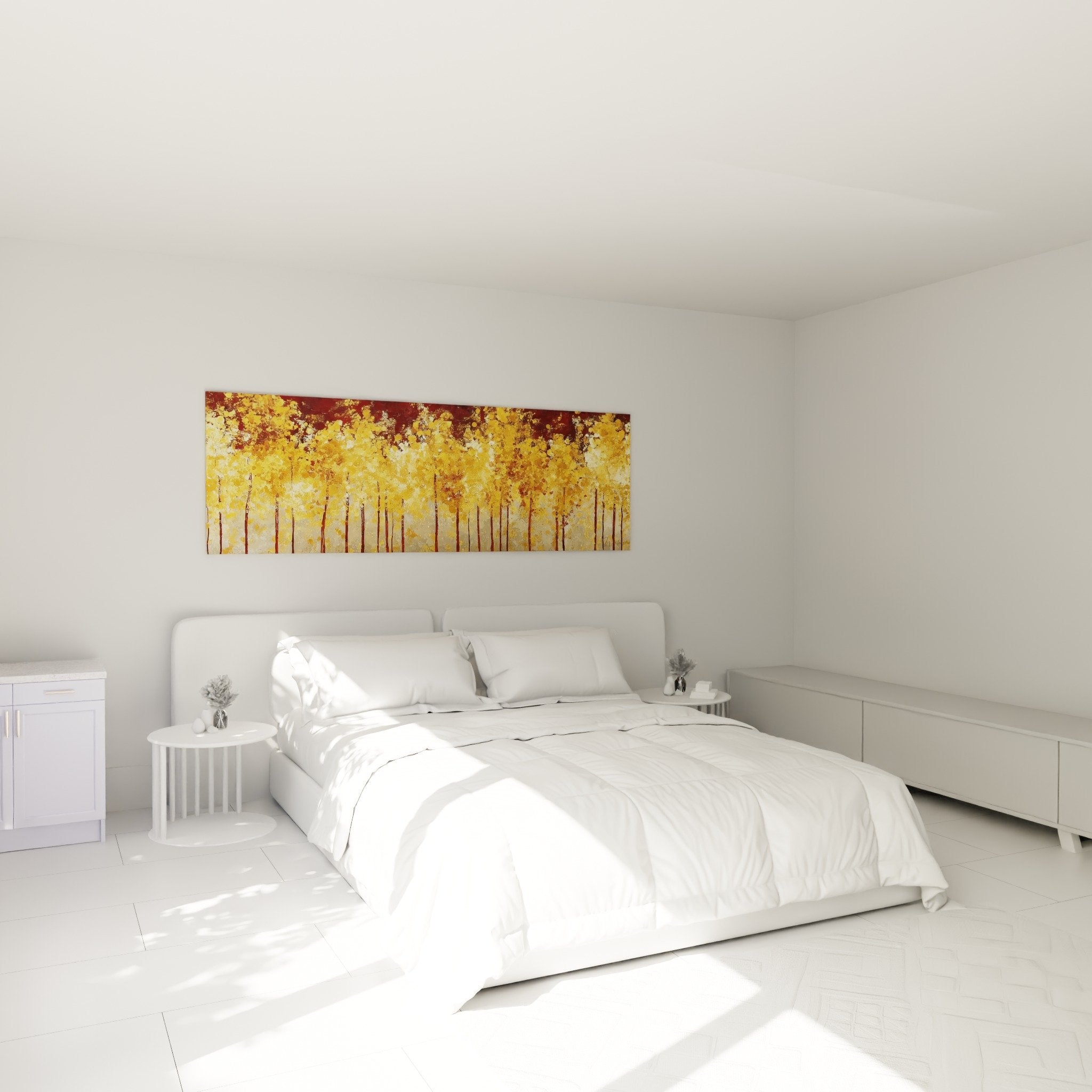 Tableau forêt dorée dans chambre ambiance cocooning tons chauds cuivre bronze décoration murale