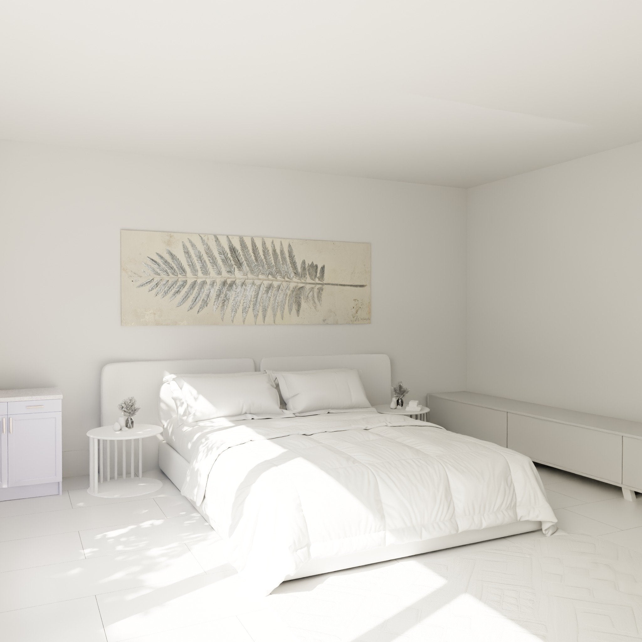 Anthracite grey fern decorating modern bedroom white wall zen Feng shui West Metal ambiance