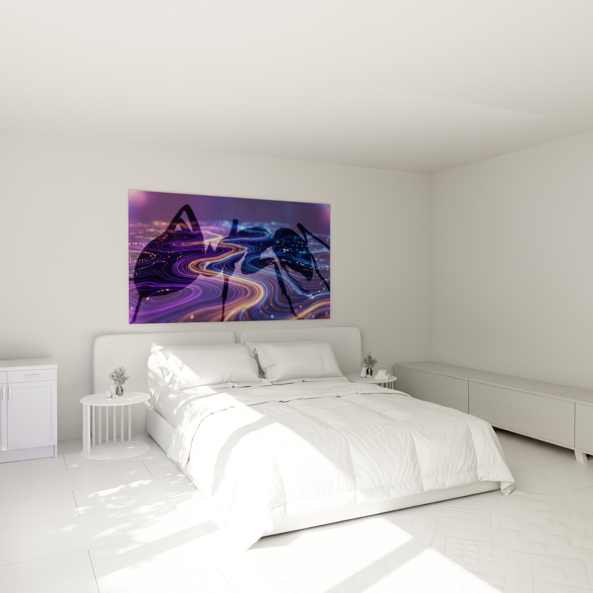Abstrakte lila und goldene Ameise im zeitgenössischen Schlafzimmer über dem Bett mit moderner Dekoration