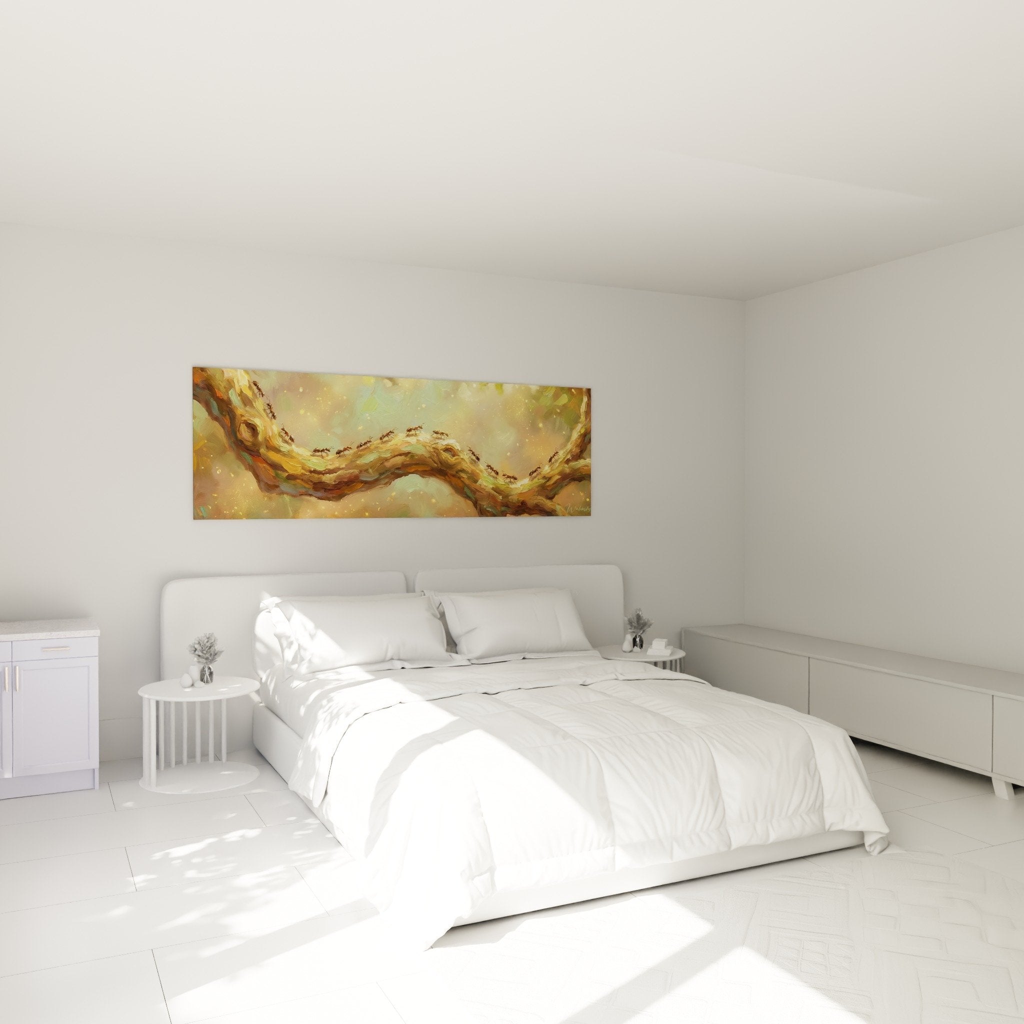 Tableau colonie fourmis branche cuivrée dans chambre ambiance naturelle tons dorés