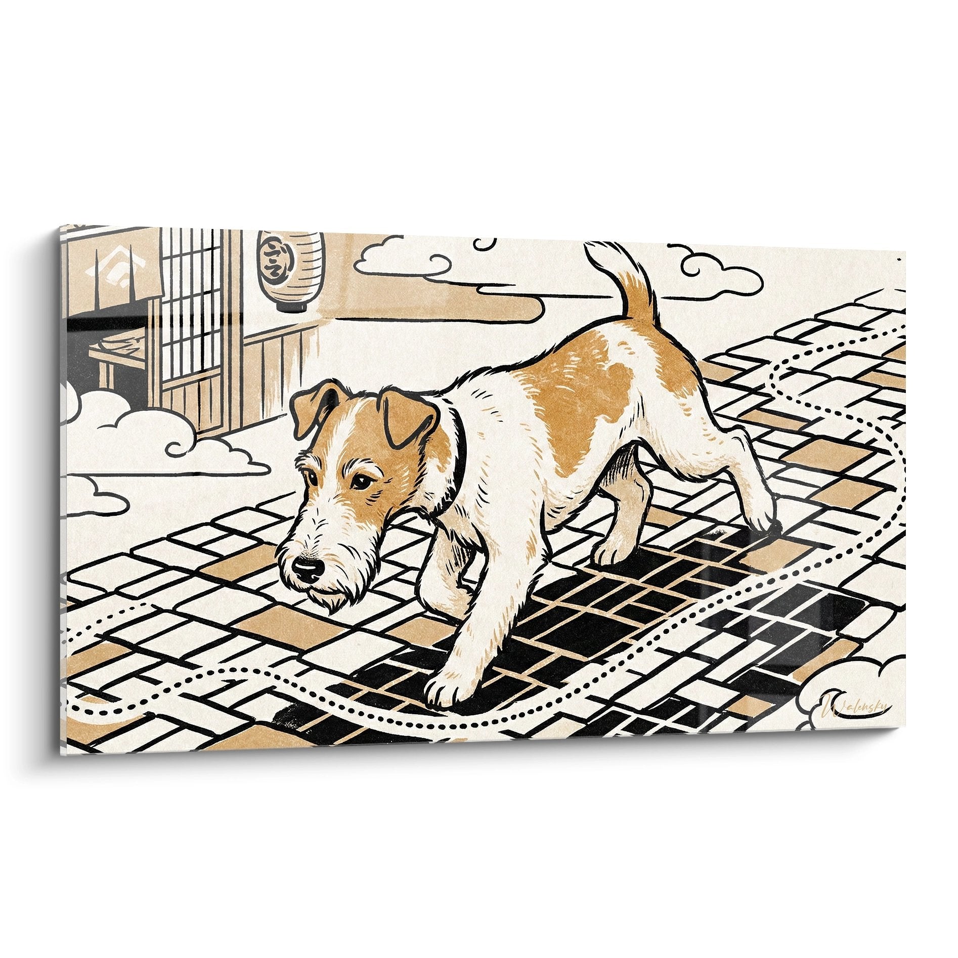 Tableau Fox Terrier blanc et roux explorant un carrelage geometrique beige et noir style contemporain