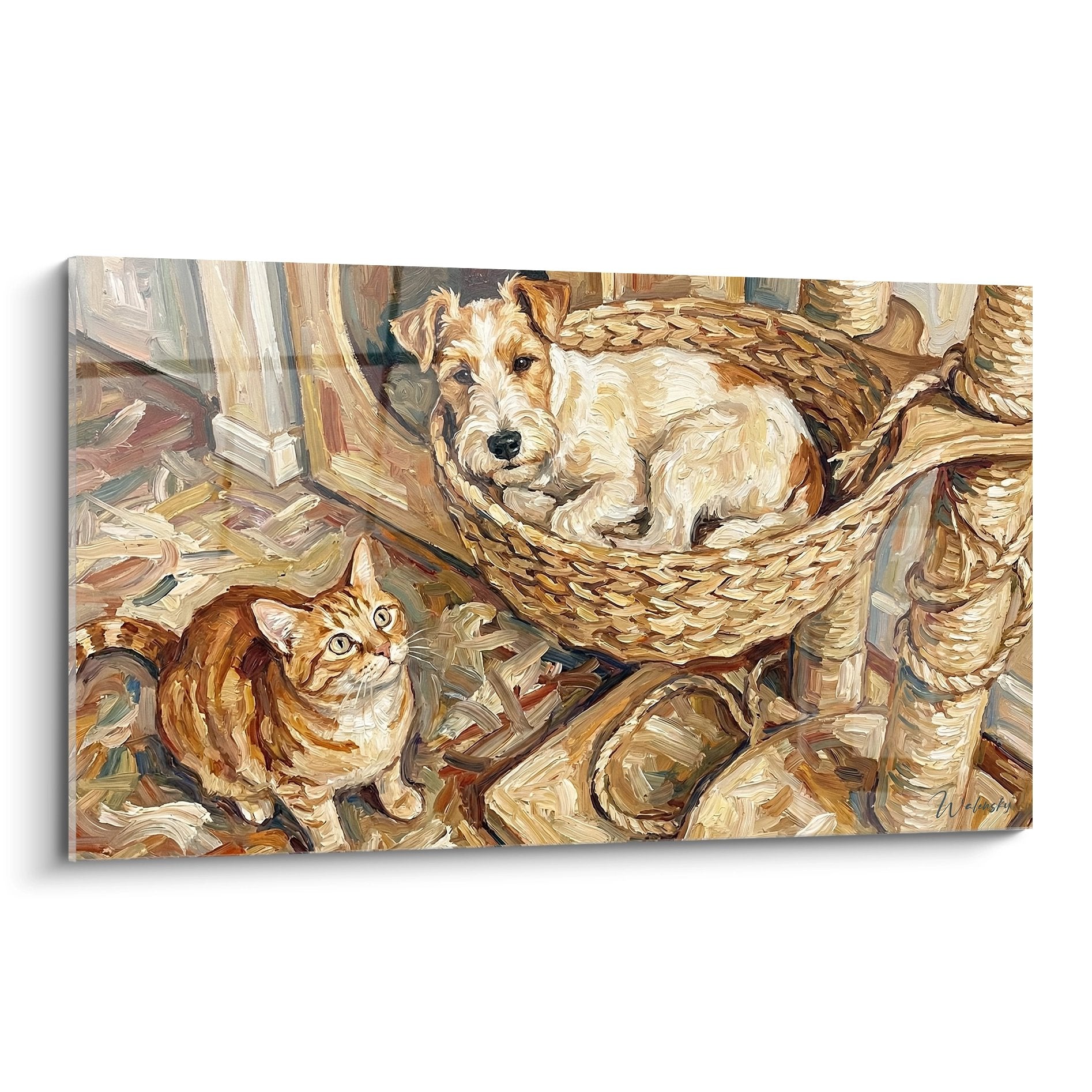 Tableau Fox Terrier blanc et fauve dans panier osier avec chat roux, ambiance chaleureuse tons dorés