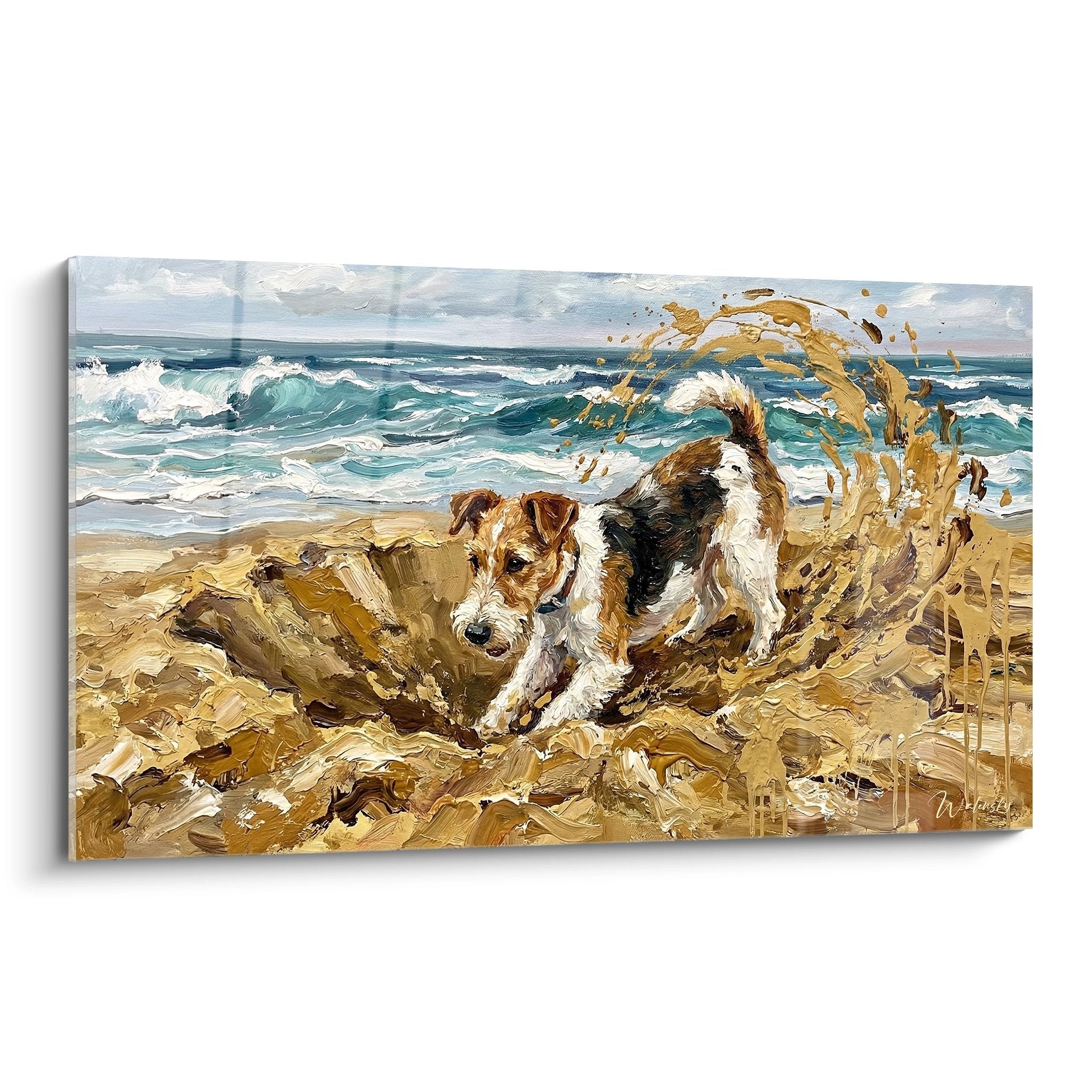 Tableau fox terrier tricolore creusant sable plage vagues ocean peinture empâtement mouvement dynamique