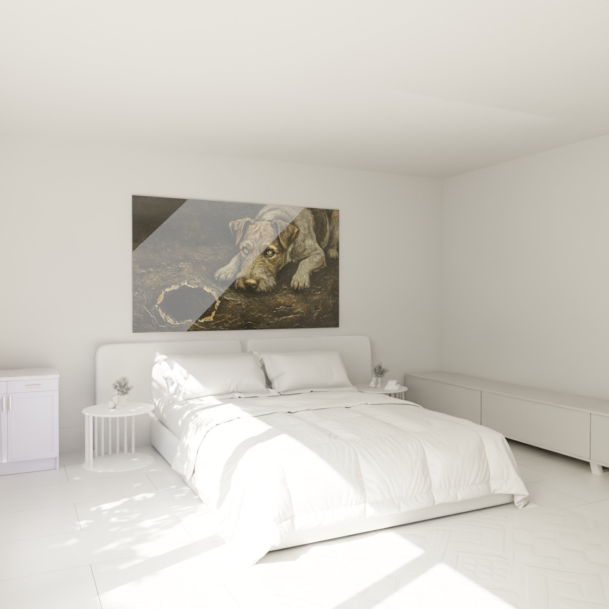 Tableau Fox Terrier mélancolique décorant une chambre aux tons naturels et chaleureux