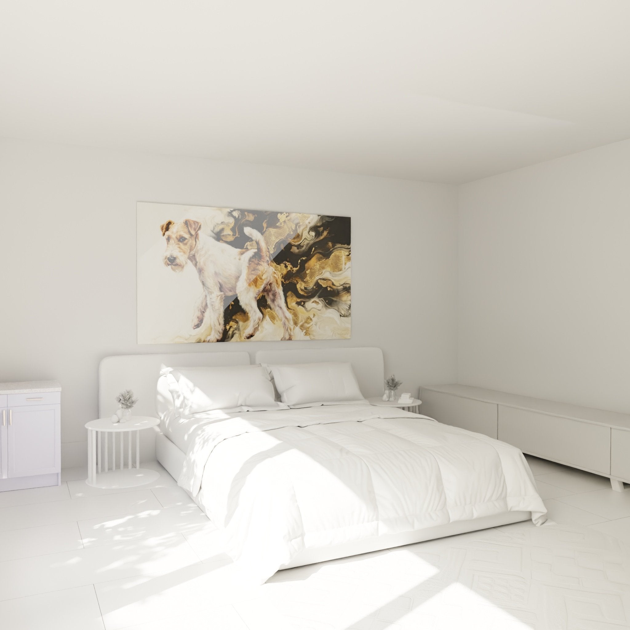 Tableau Fox Terrier décoratif dans chambre moderne mur beige ambiance chaleureuse art animalier