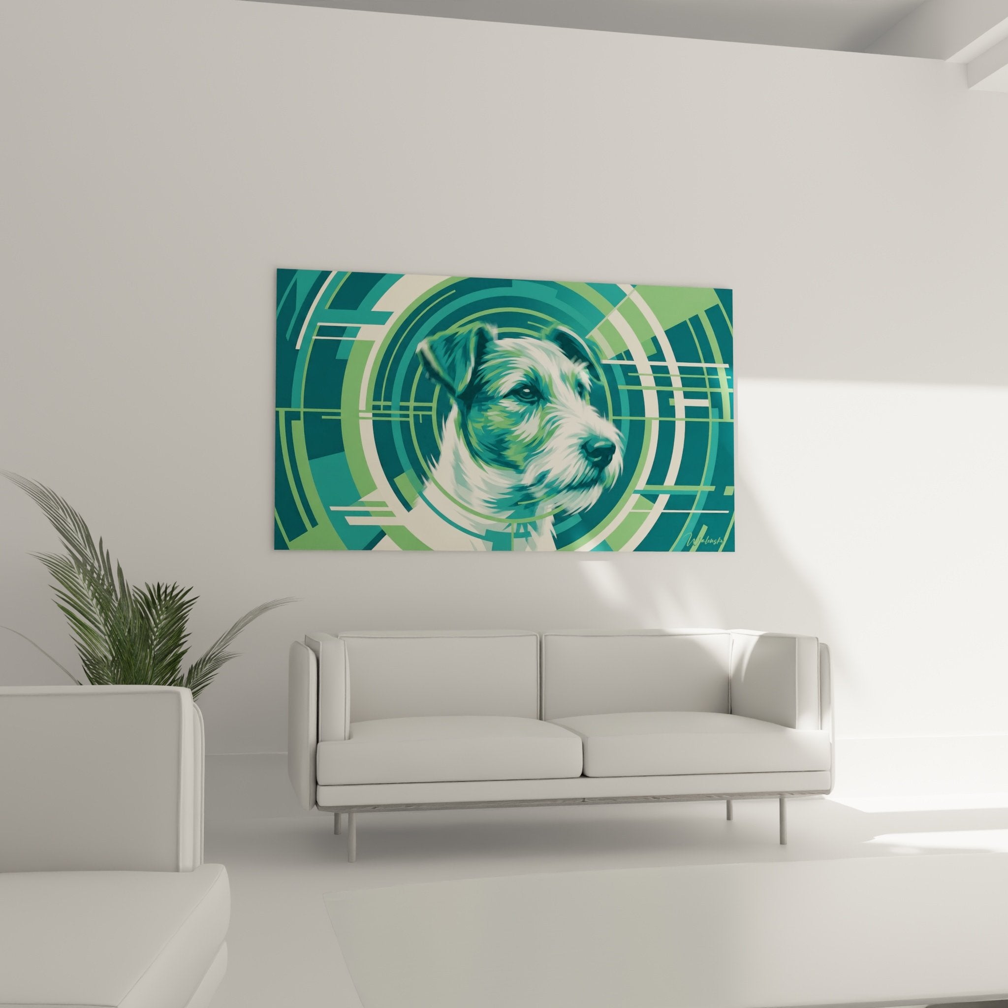 Detail Fox Terrier portrait artistique pelage blanc turquoise formes geometriques abstrait