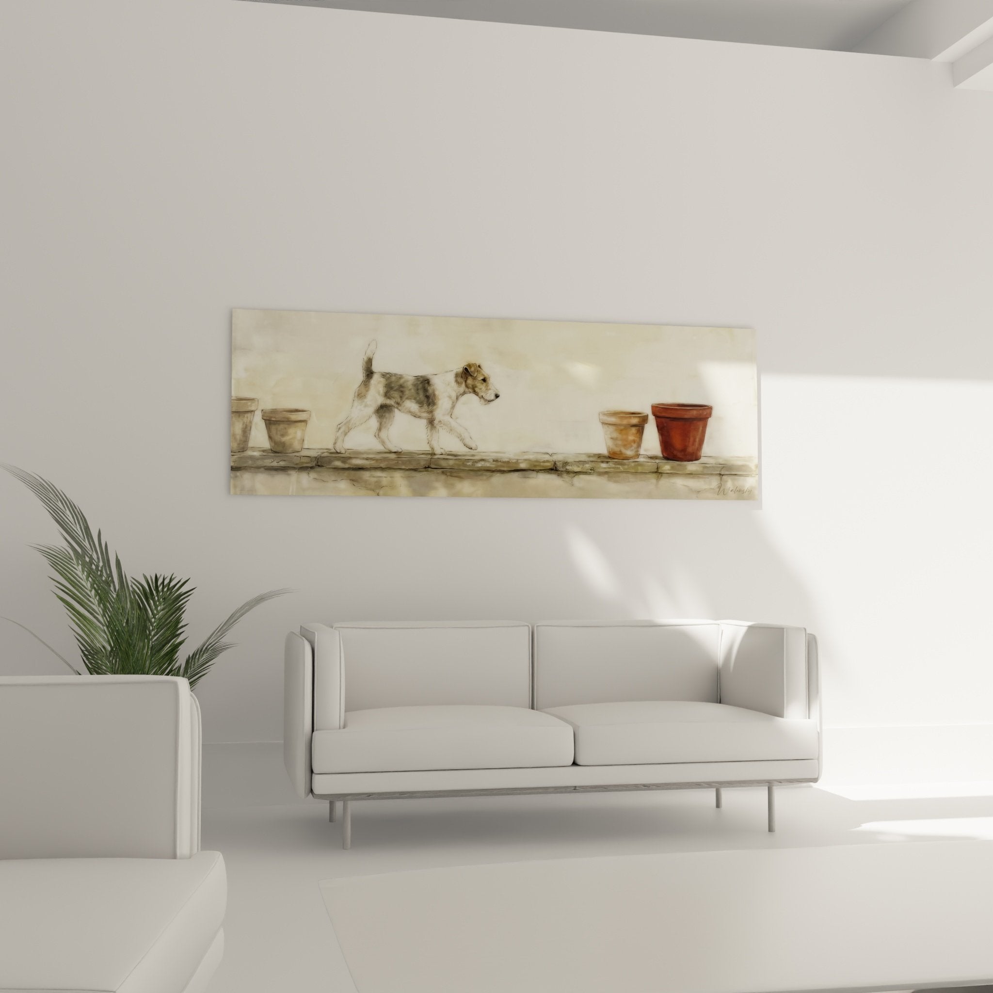 Détail Fox Terrier blanc taches brunes explorant poteries terre cuite style réaliste tendre