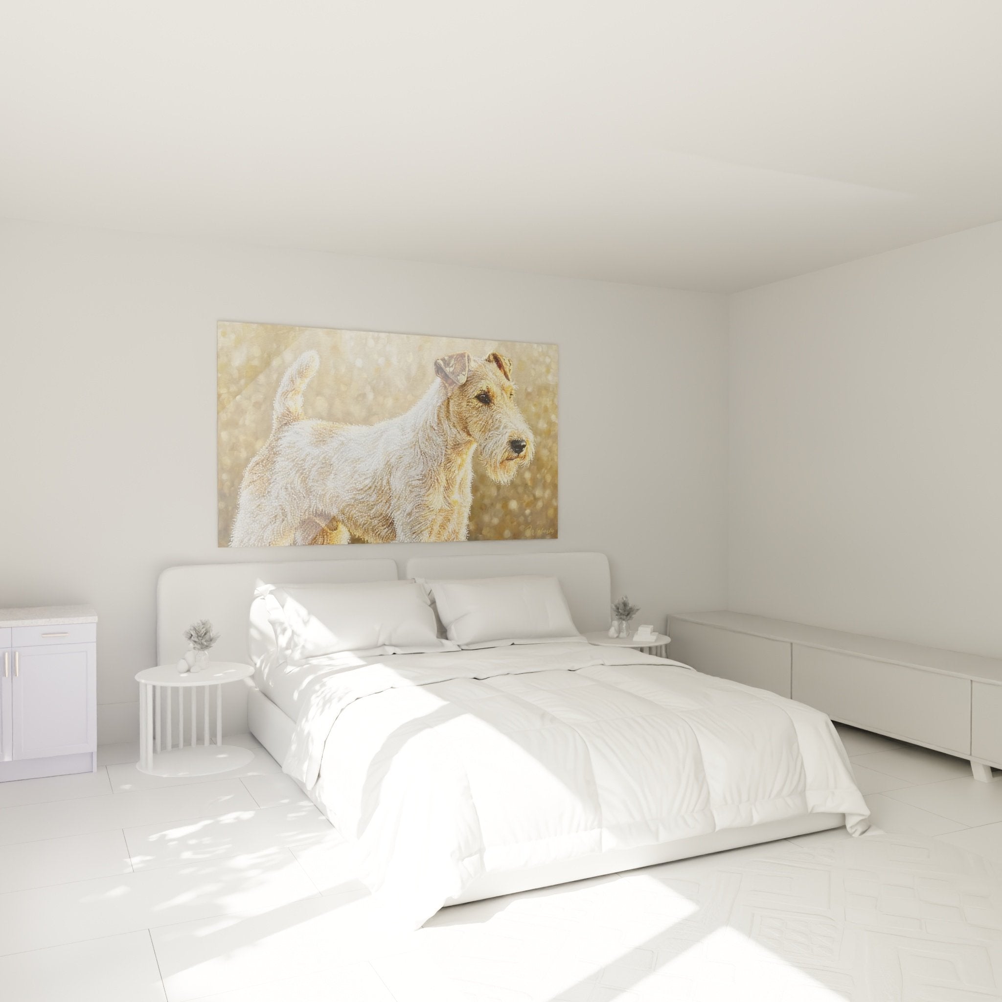 Tableau Fox Terrier doré dans chambre contemporaine, ambiance cosy et apaisante avec tons neutres