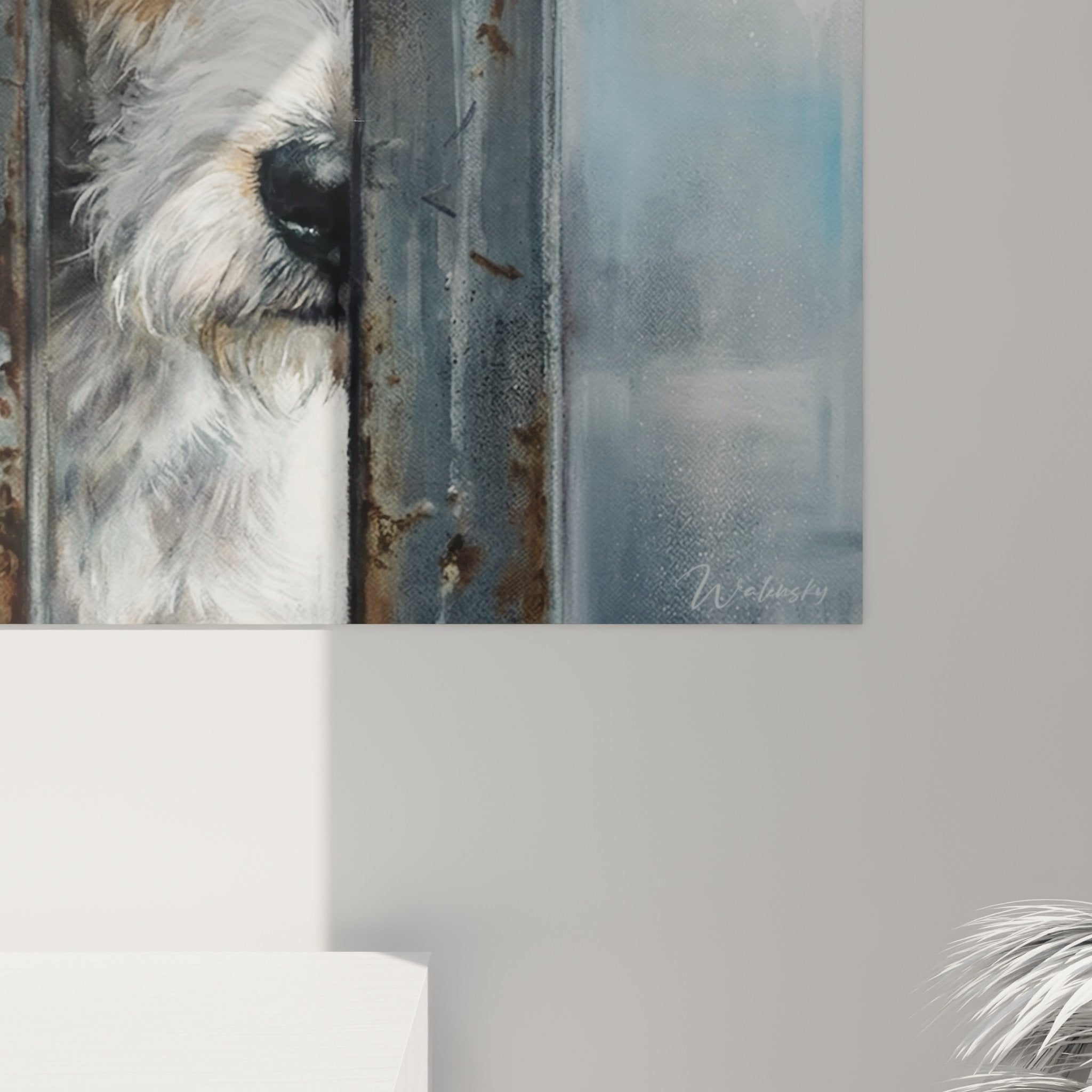 Vue d'ensemble tableau fox terrier emprisonné tons beiges composition artistique émouvante