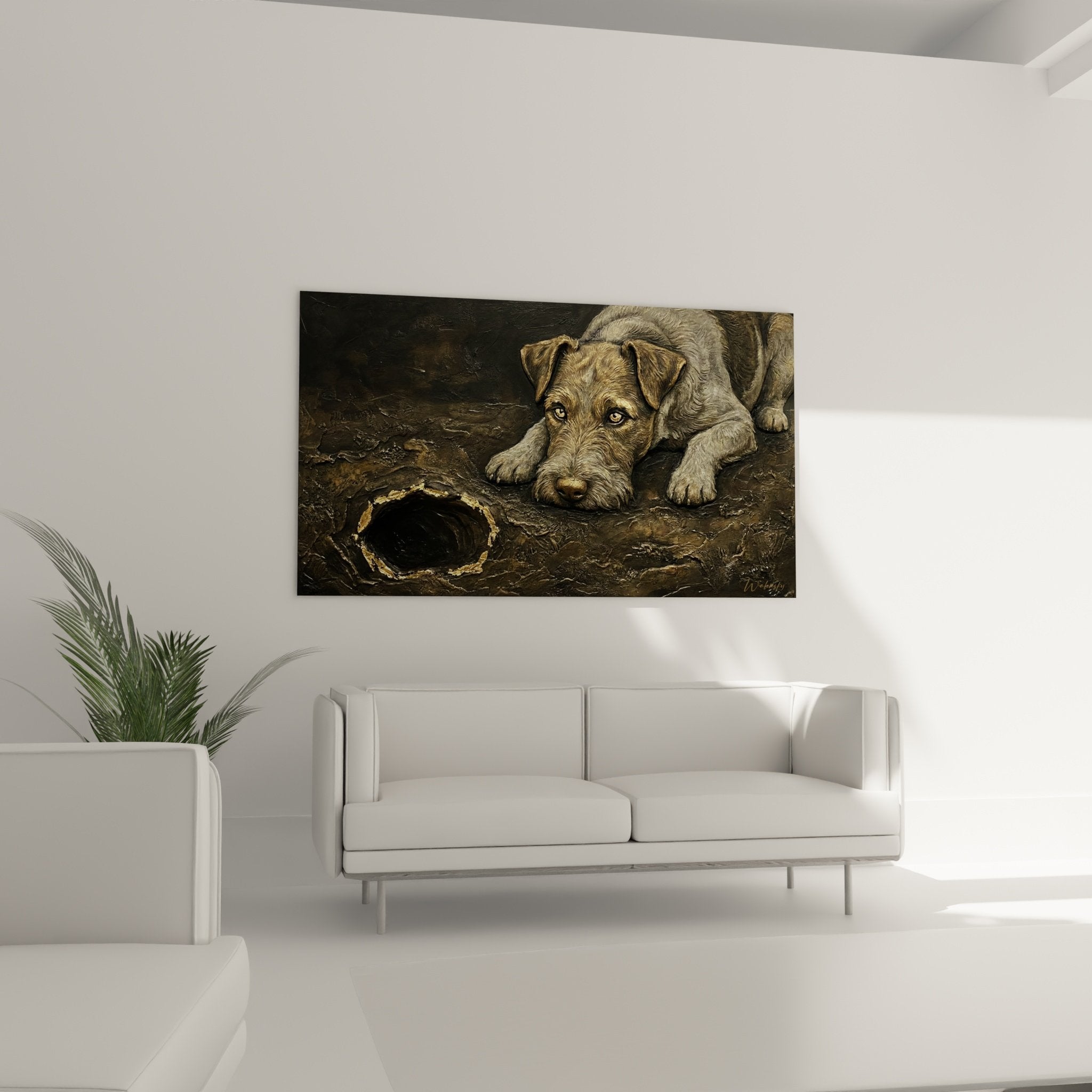 Gros plan sur le regard expressif et les nuances dorées du pelage du Fox Terrier