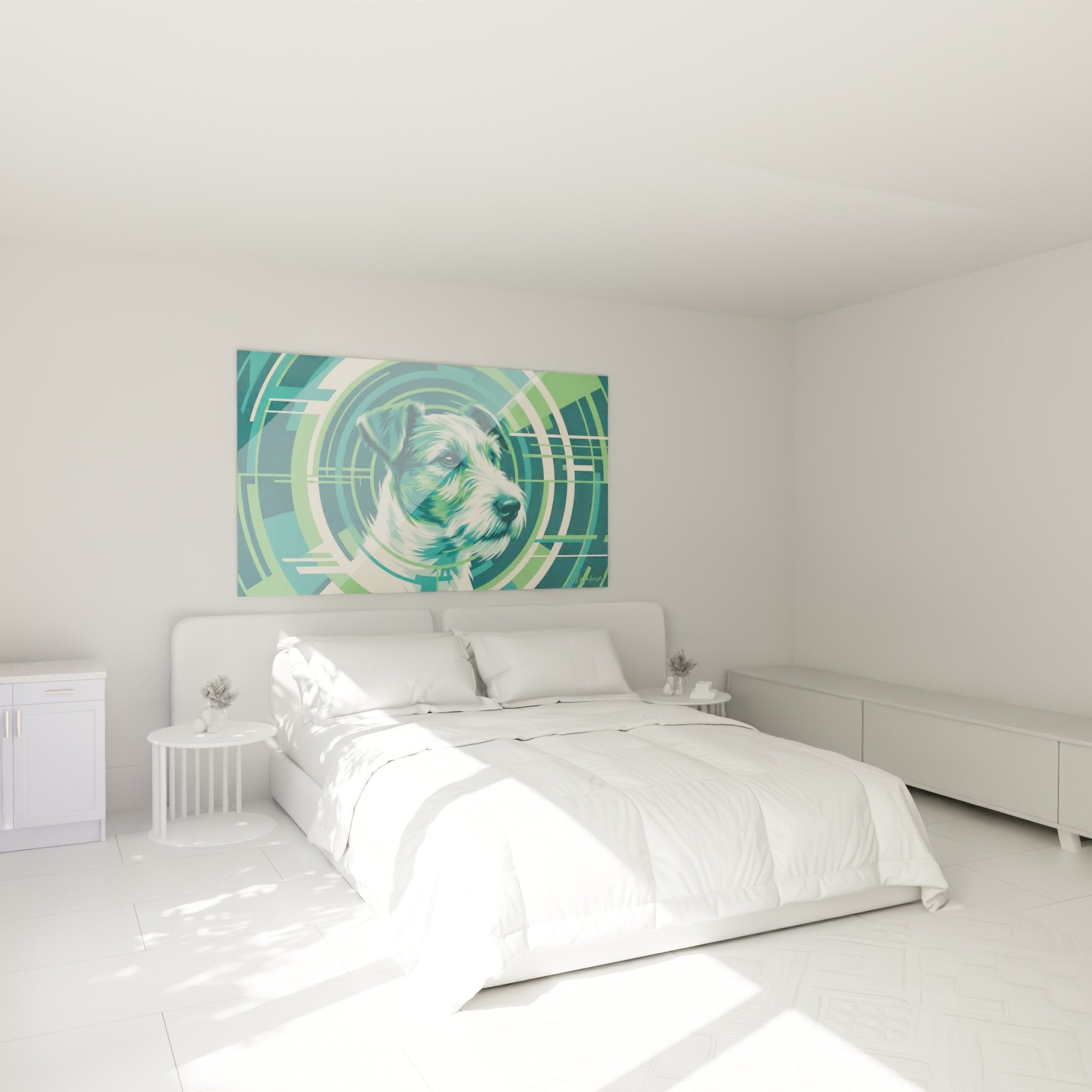 Tableau Fox Terrier moderne chambre decoration murale turquoise vert geometric contemporain