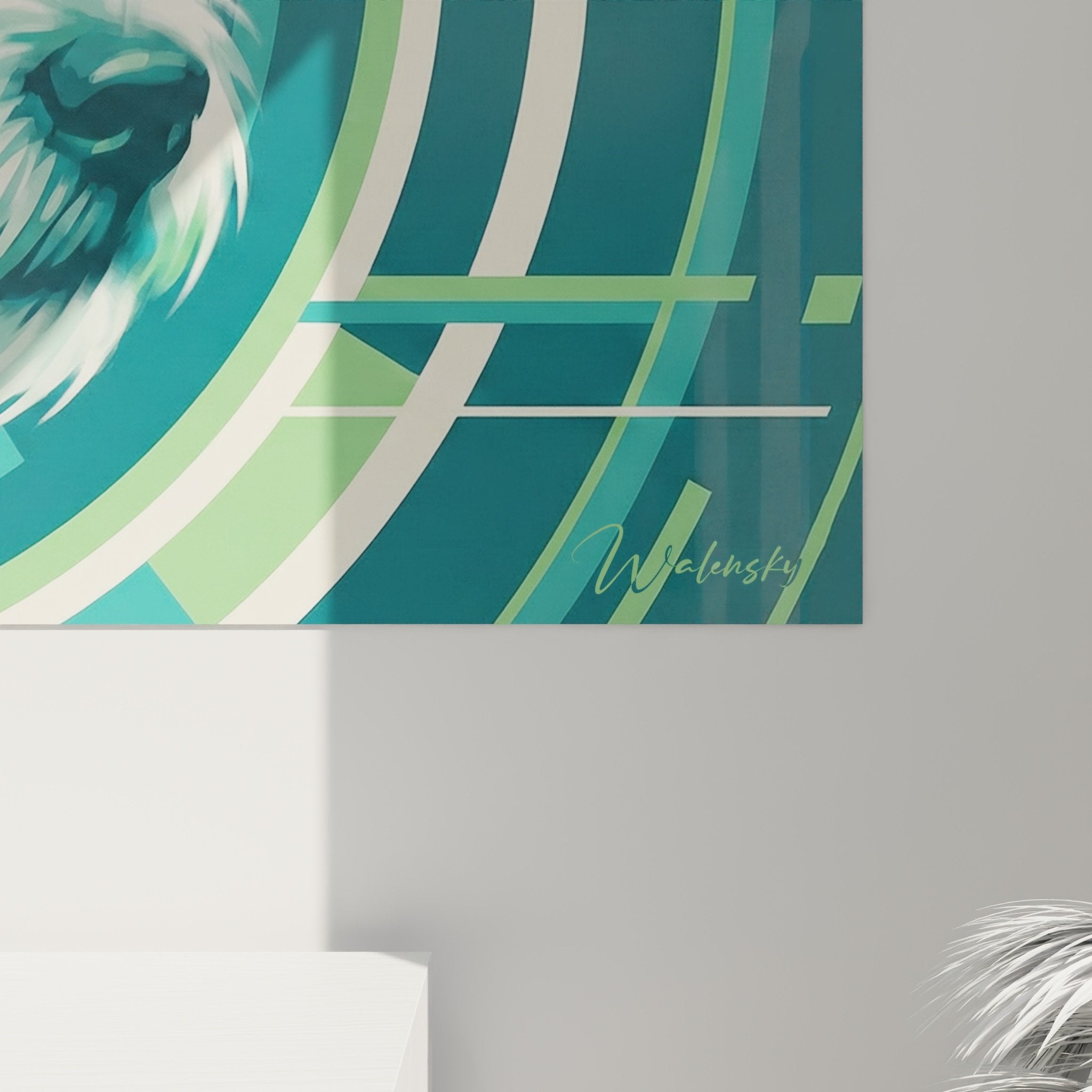 Vue ensemble Fox Terrier geometric art mural moderne turquoise vert decoration interieur