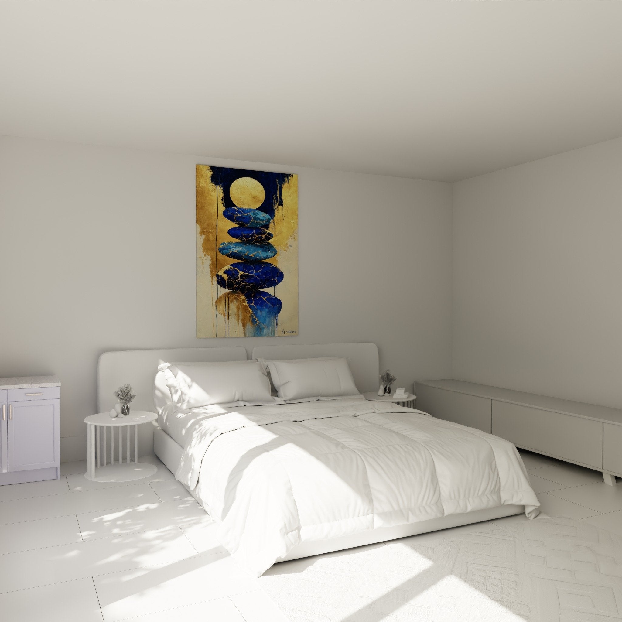 Tableau galets bleus dorés dans chambre moderne - décoration zen feng shui nord eau