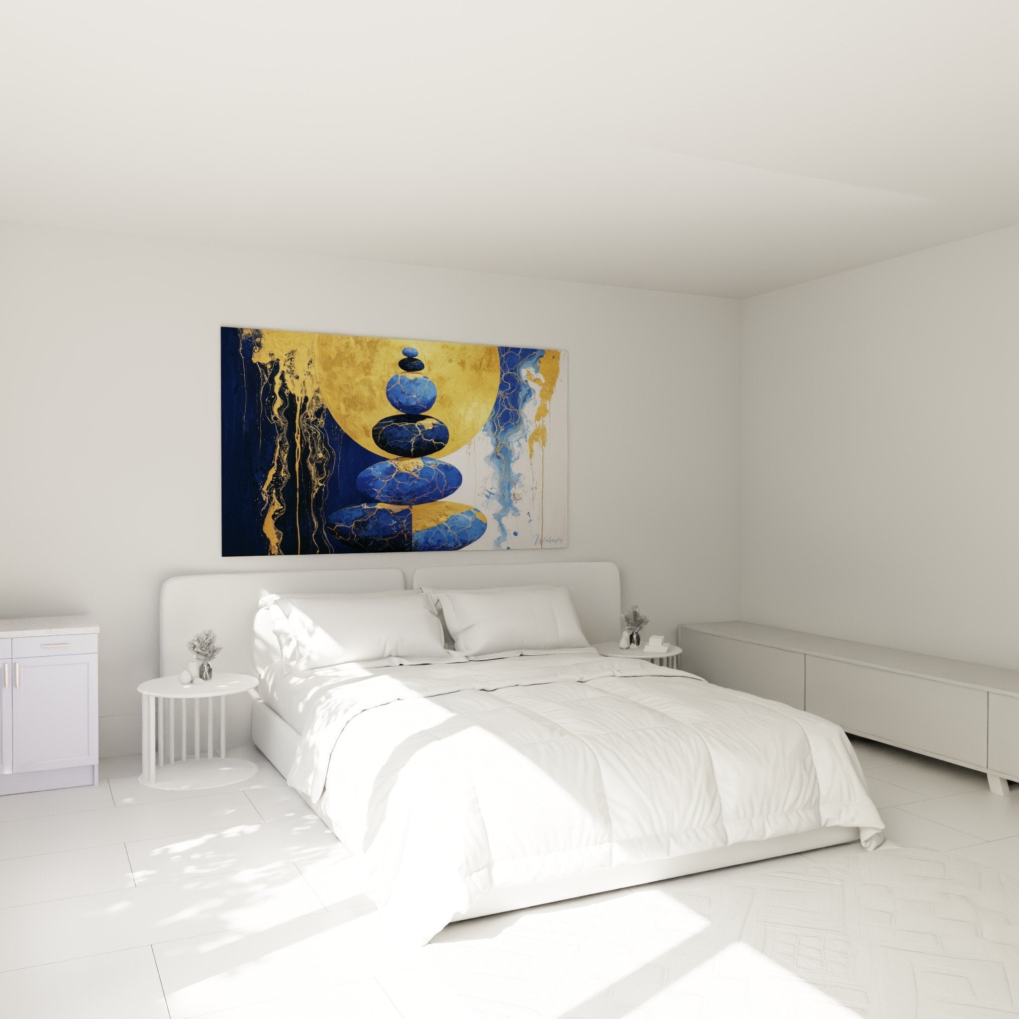 Tableau galets equilibre bleu dore chambre moderne decoration murale feng shui apaisante minimaliste zen