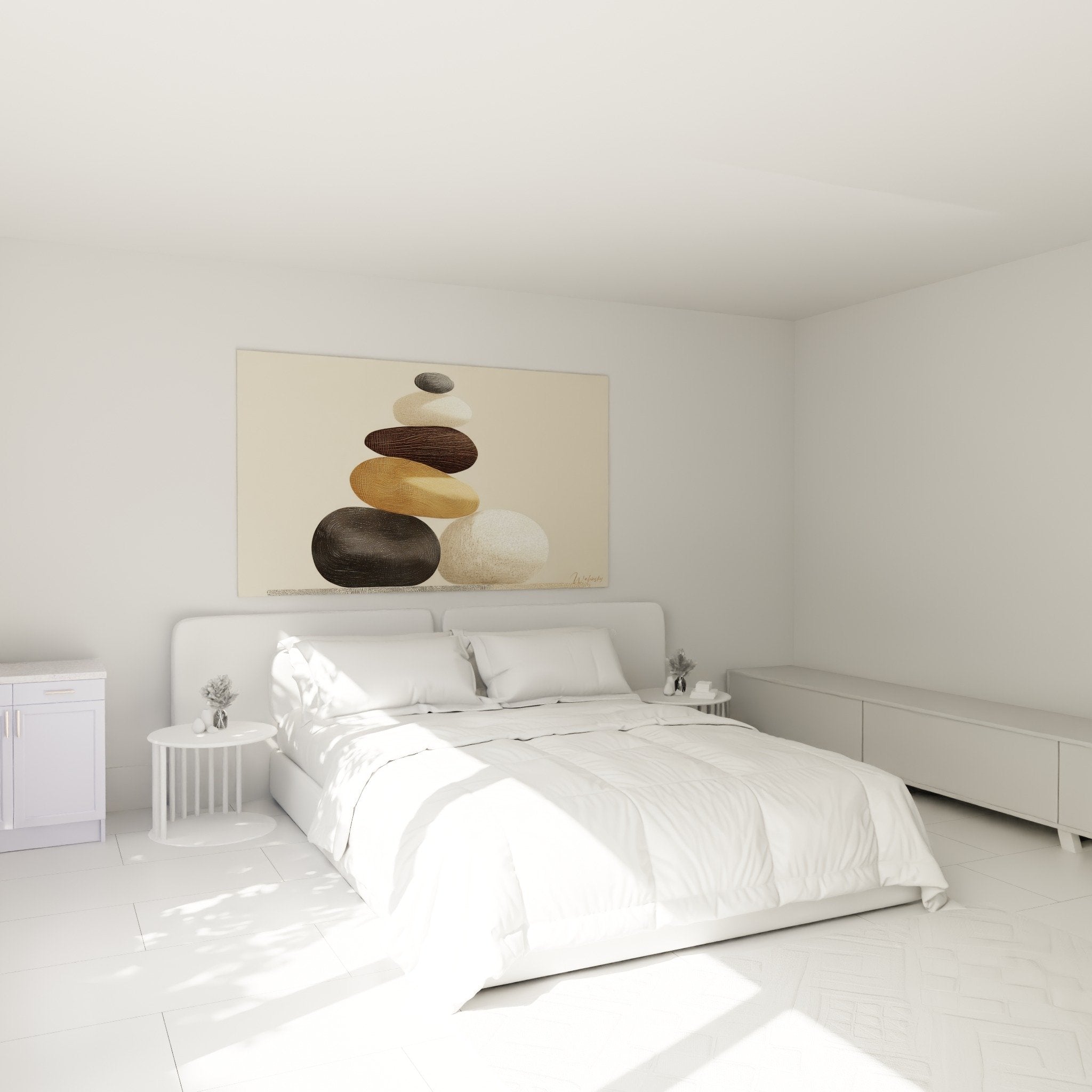 Stacked zen pebbles bedroom wall art serene atmosphere natural tones beige brown harmony