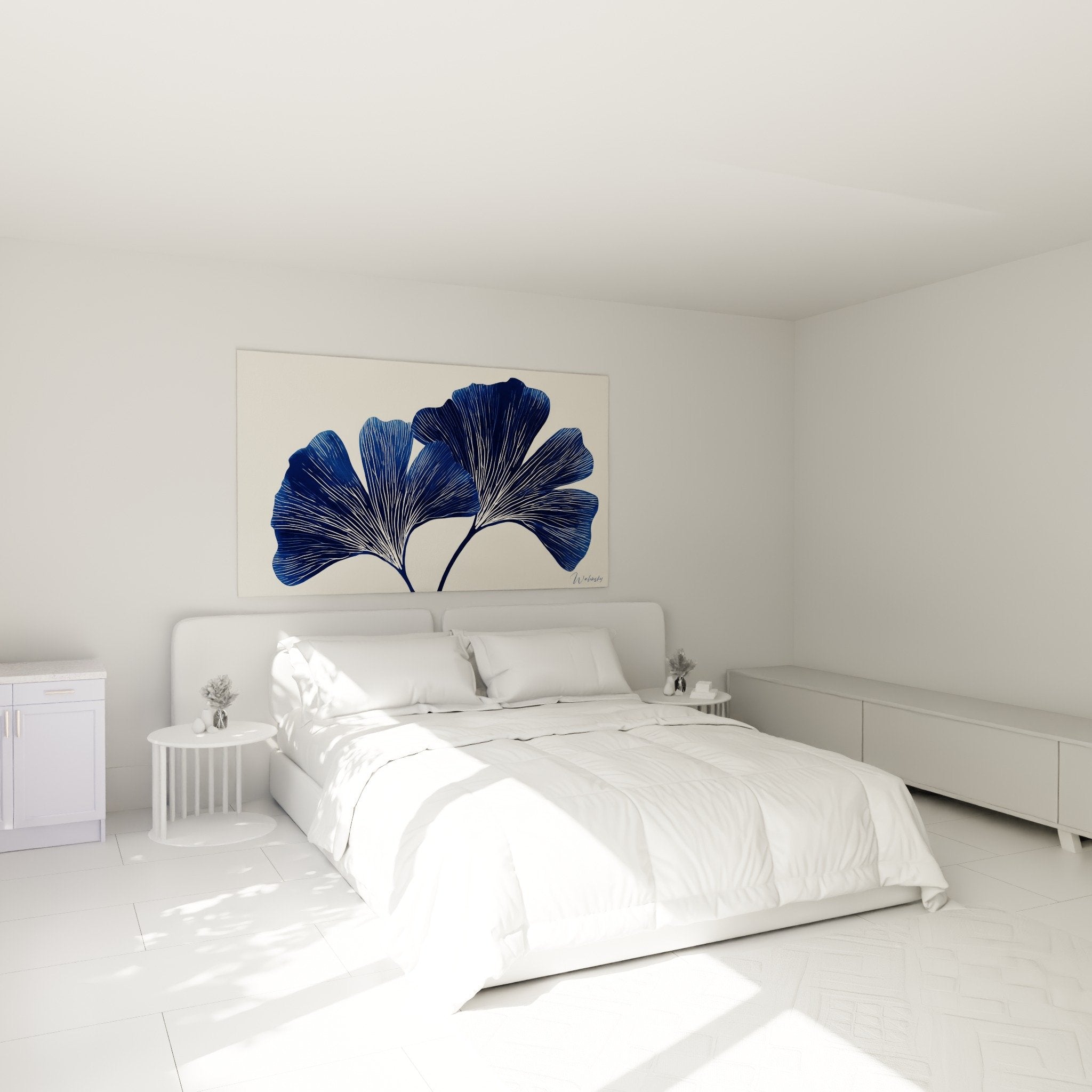 Tableau ginkgo bleu indigo chambre coucher decoration murale apaisante ambiance zen naturelle