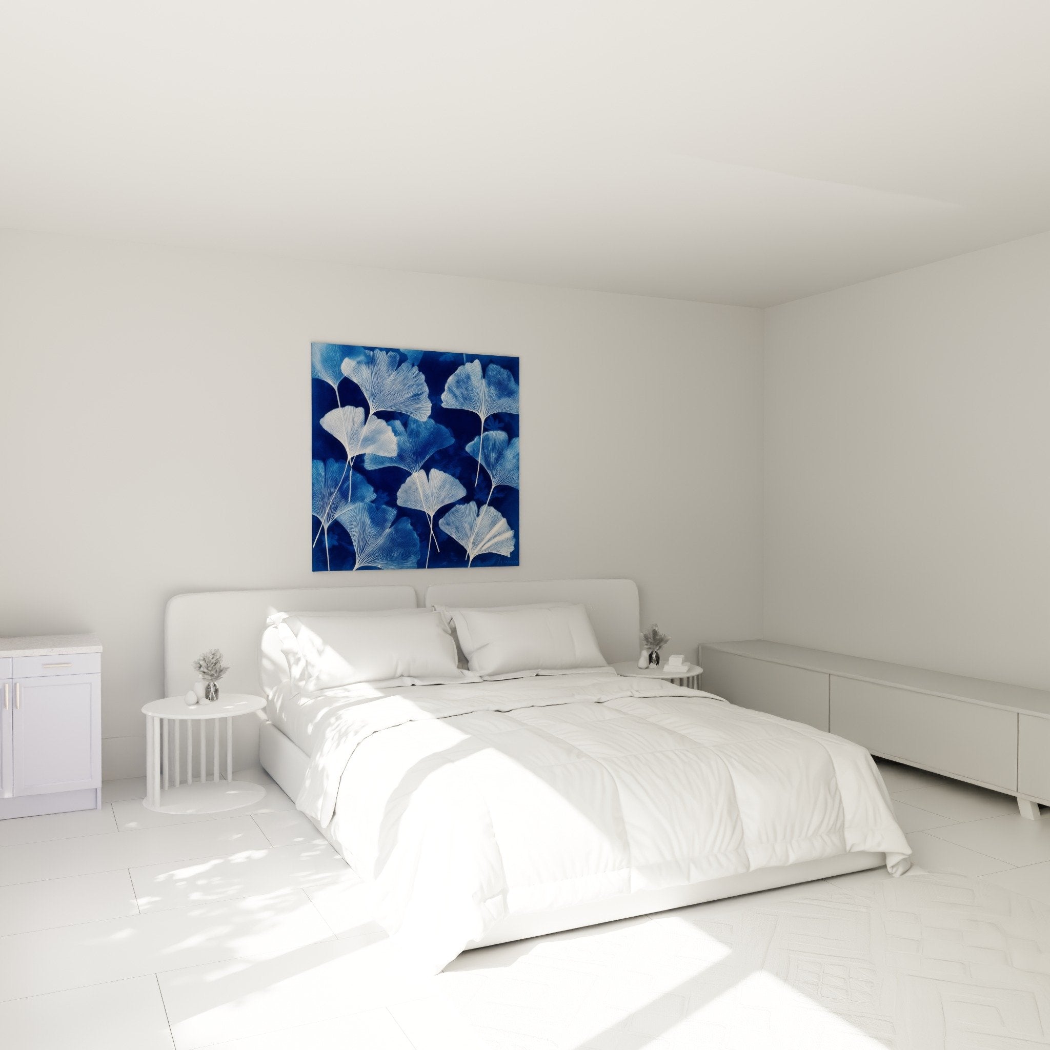 Ginkgo-Gemälde in Blau im Zen-Schlafzimmer mit weißen Wänden beruhigende botanische Wanddekoration