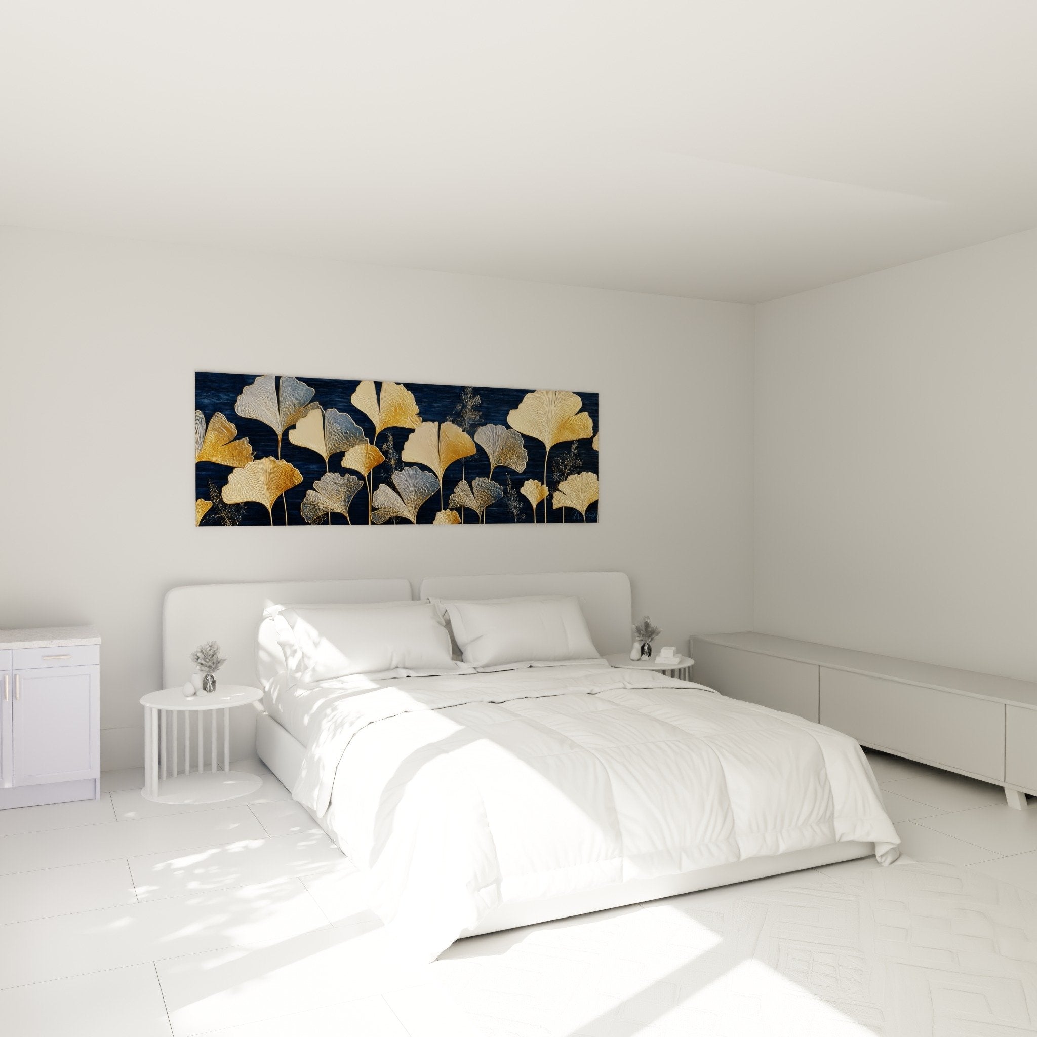 Tableau ginkgo dore bleu marine au dessus lit chambre decoration murale apaisante