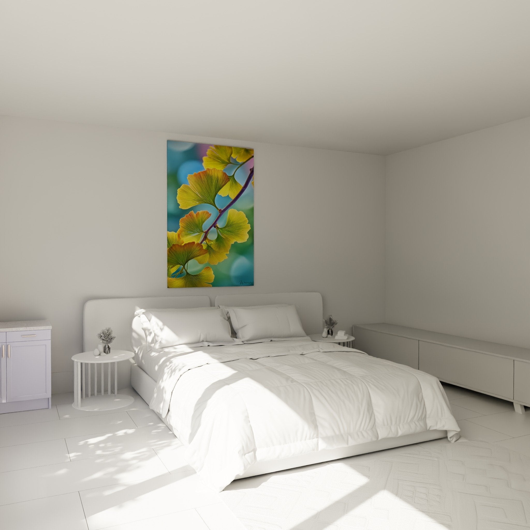 Tableau ginkgo dore turquoise dans chambre moderne decoration murale nature zen
