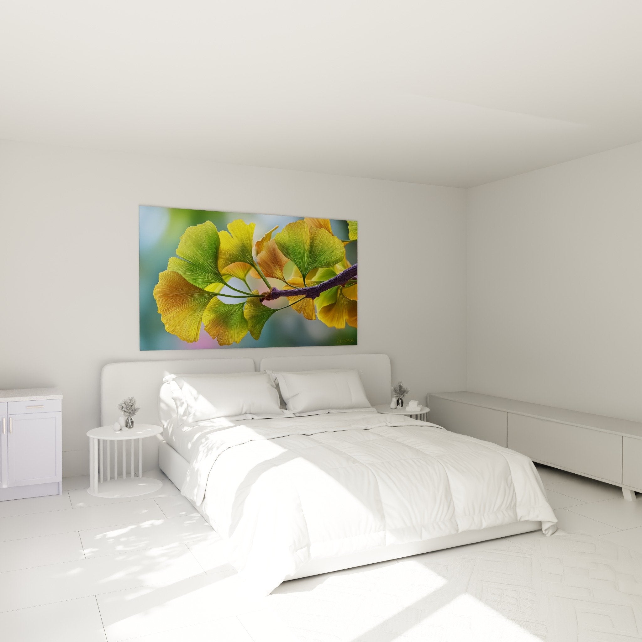 Tableau ginkgo doré dans chambre moderne avec tons naturels et mobilier contemporain
