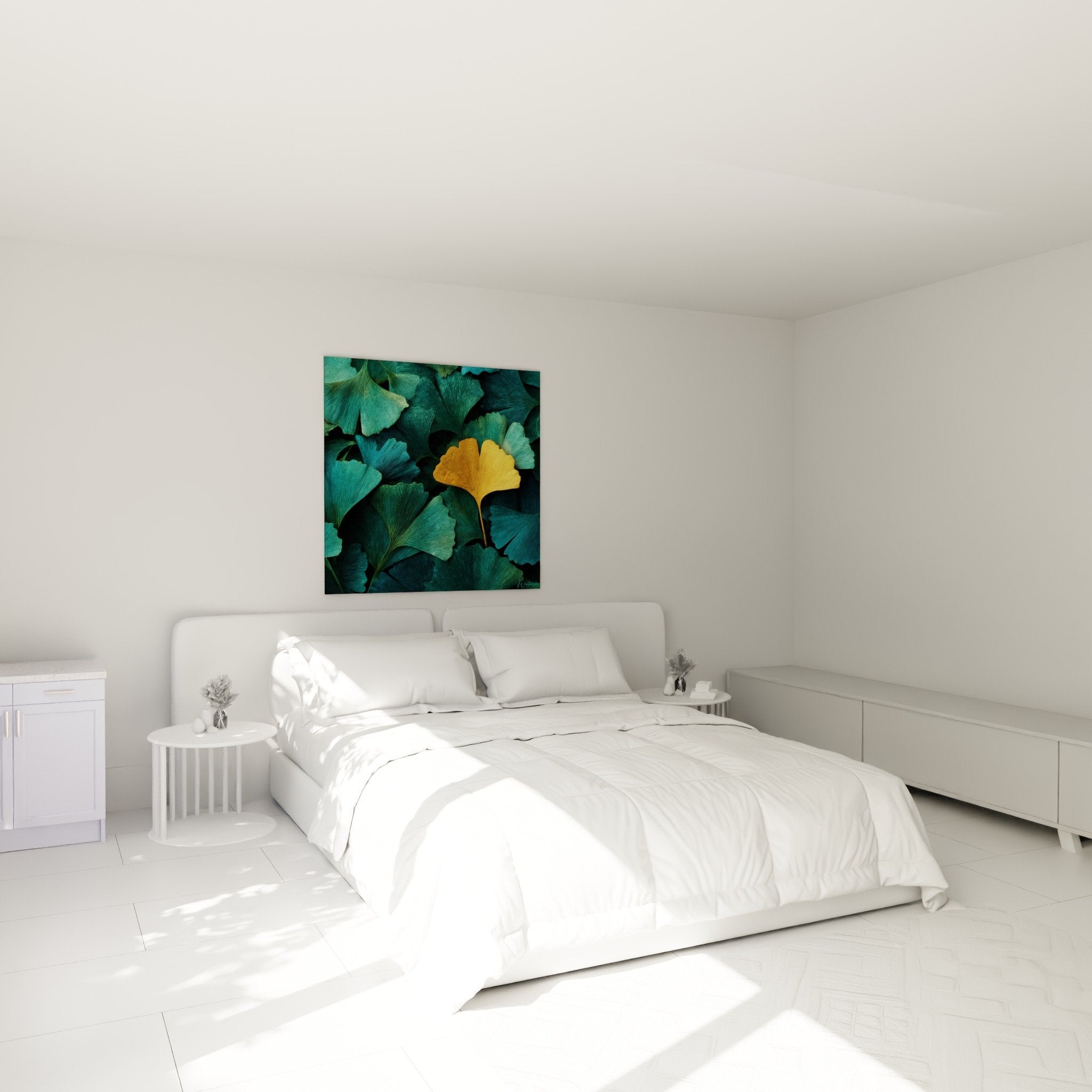 Tableau ginkgo dore turquoise dans chambre moderne, decoration murale naturelle et sophistiquee