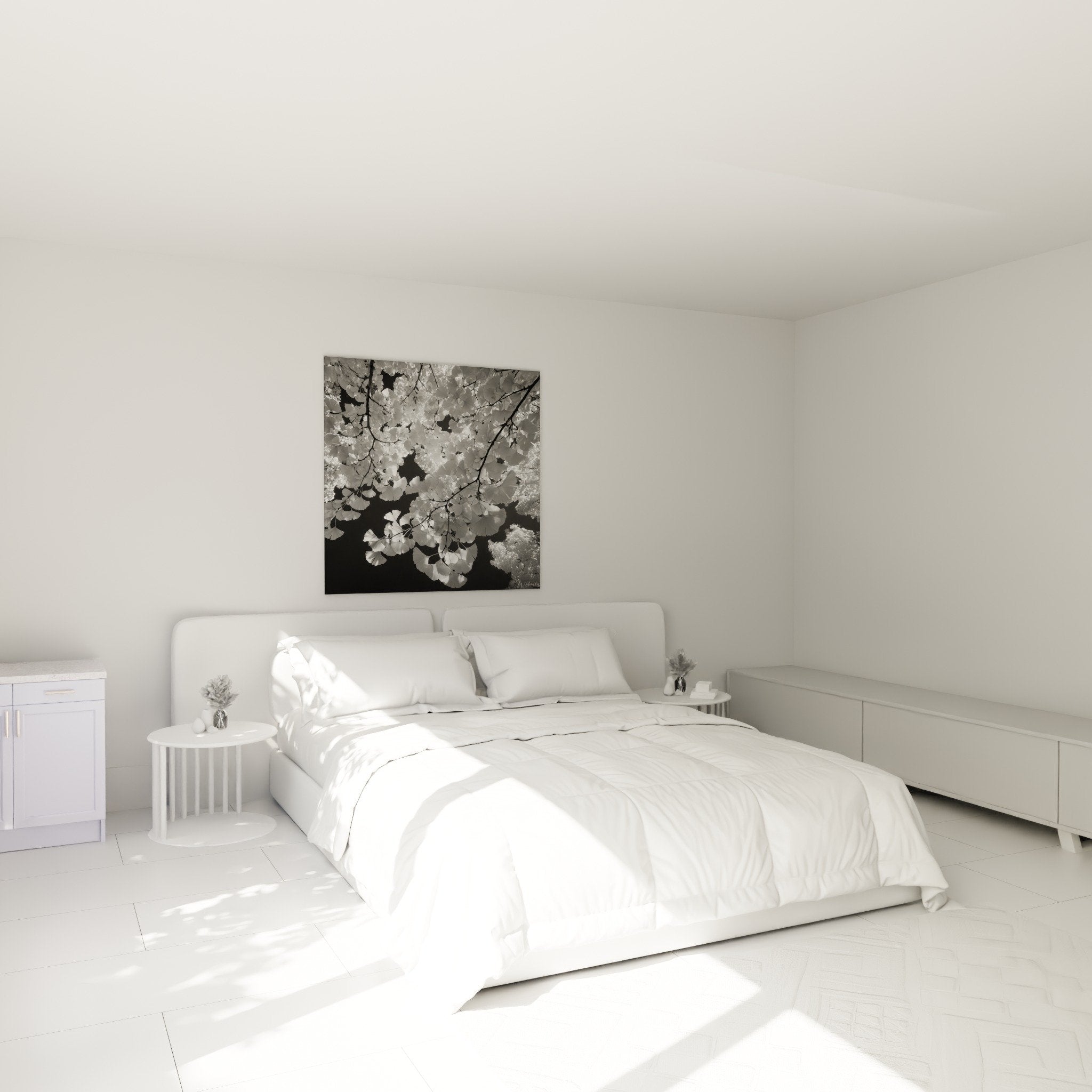 Tableau feuillage Ginkgo noir et blanc dans chambre contemporaine ambiance zen et apaisante